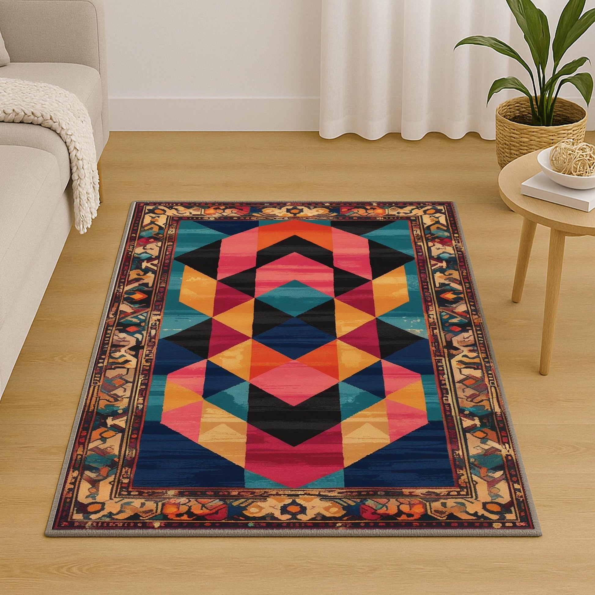 Colorful geometric chenille rug with antique oriental border, featuring teal, gold, pink, and black shapes, washable and non-slip backing.