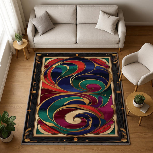 Swirling abstract chenille rug with vibrant navy, green, red, and purple curves outlined in gold, framed by an ornate oriental border, washable with non-slip backing.