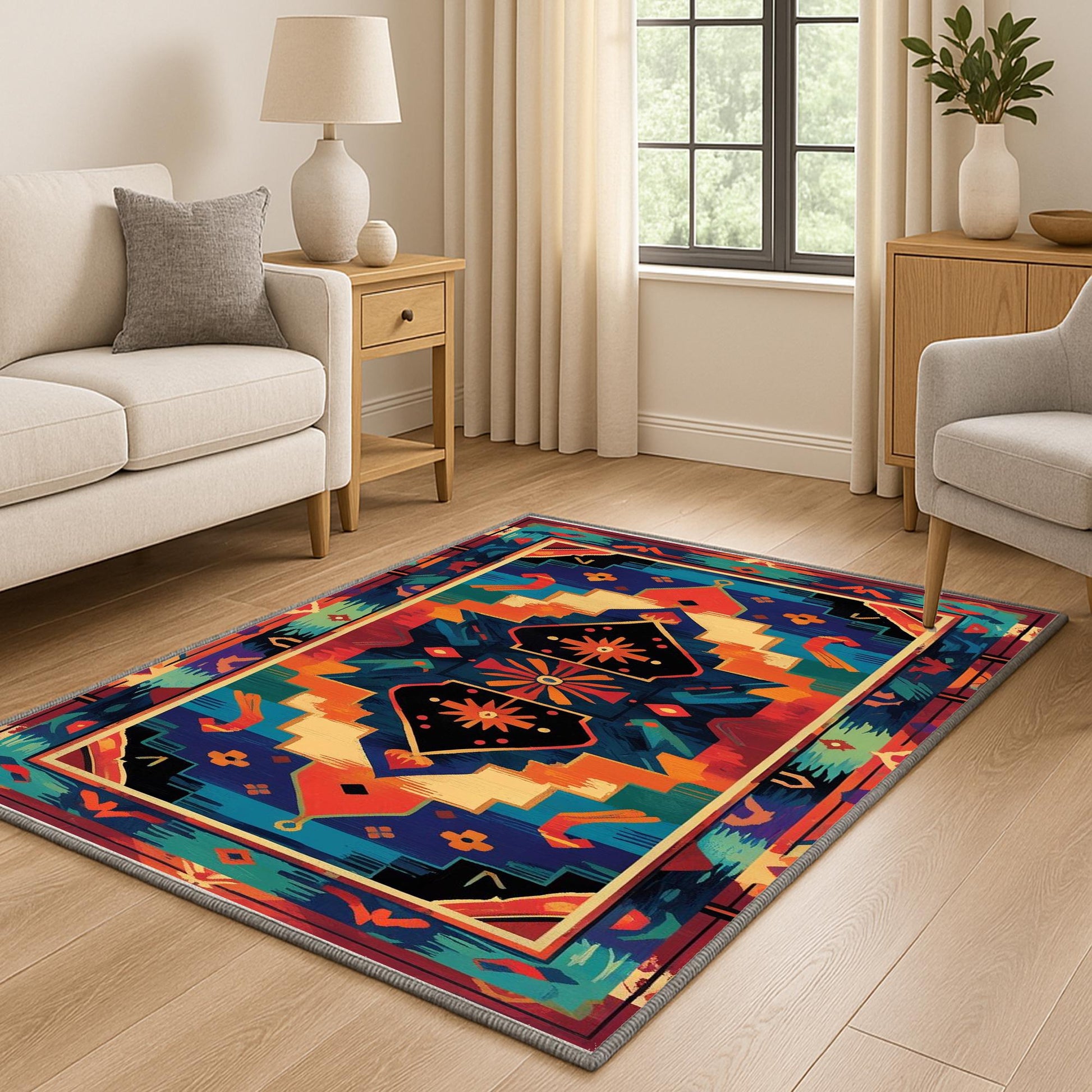 Colorful Southwestern tribal chenille rug featuring bold turquoise, orange, red, and black geometric patterns, washable with non-slip recycled cotton backing.