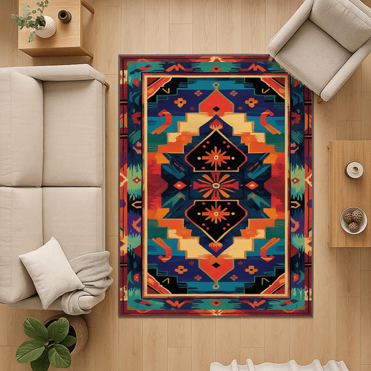 Colorful Southwestern tribal chenille rug featuring bold turquoise, orange, red, and black geometric patterns, washable with non-slip recycled cotton backing.