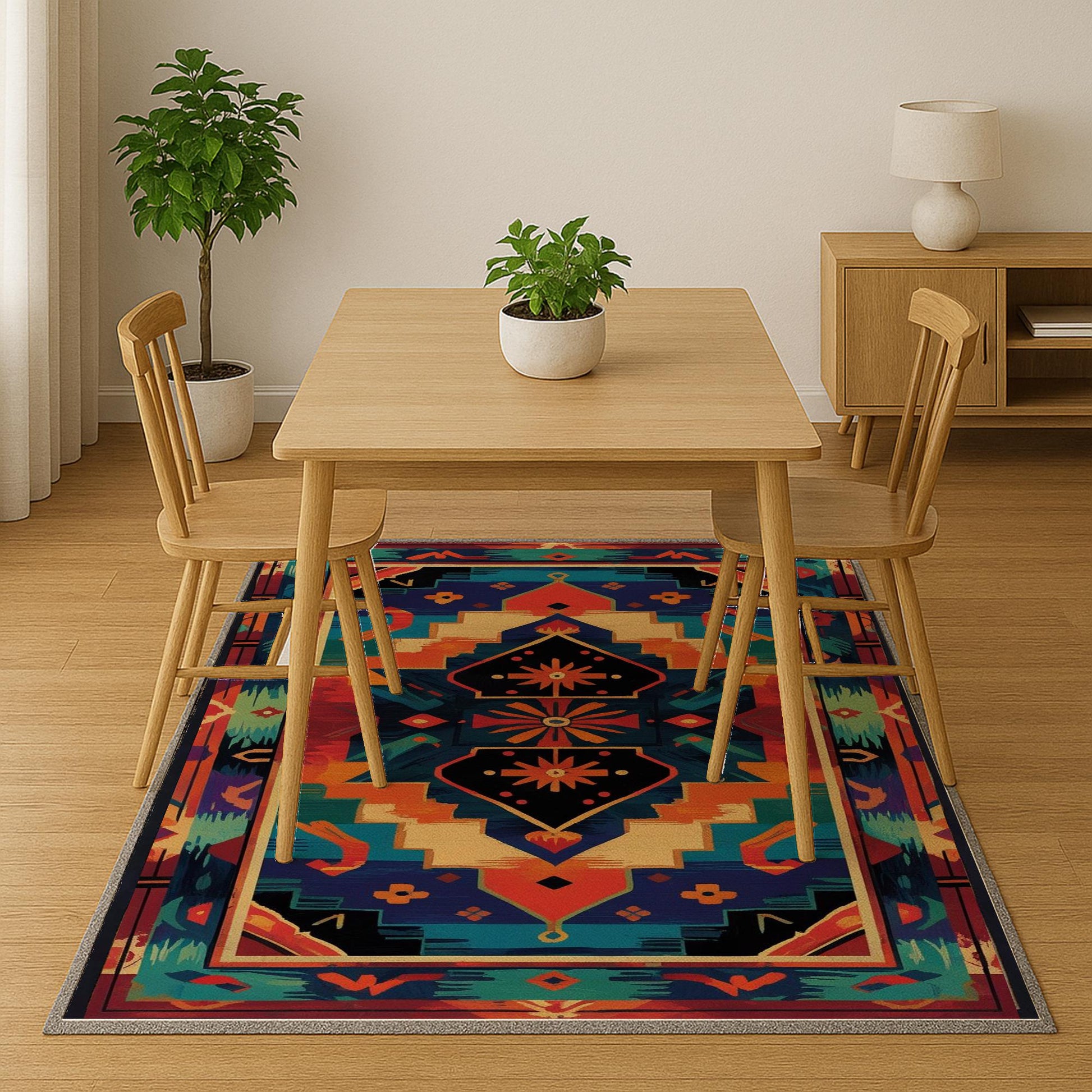Colorful Southwestern tribal chenille rug featuring bold turquoise, orange, red, and black geometric patterns, washable with non-slip recycled cotton backing.