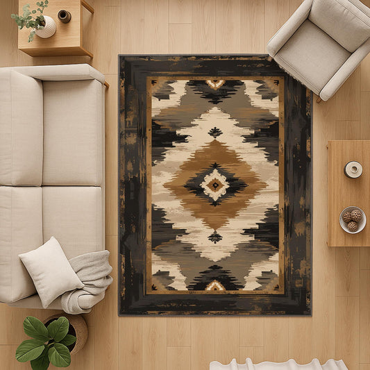 Southwestern geometric tribal chenille rug in earthy brown, beige, black, and tan tones, washable with non-slip recycled cotton backing.