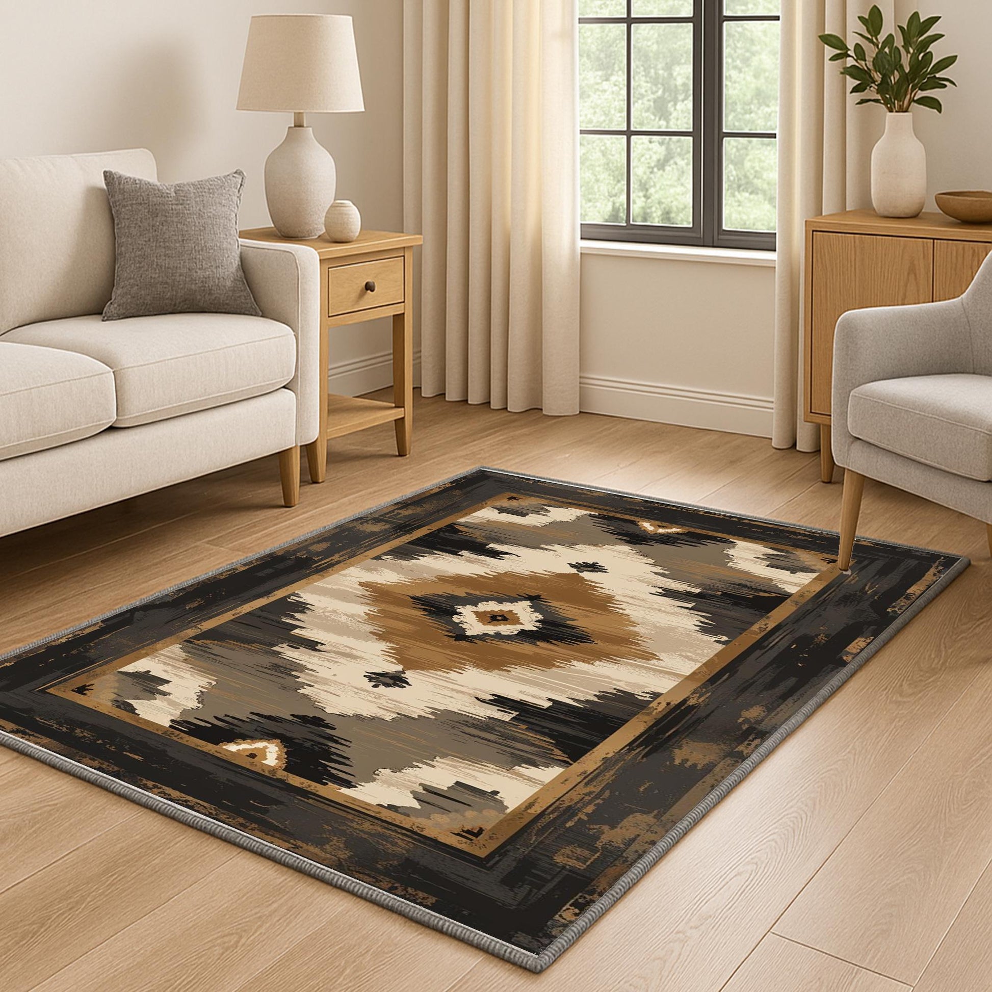 Southwestern geometric tribal chenille rug in earthy brown, beige, black, and tan tones, washable with non-slip recycled cotton backing.
