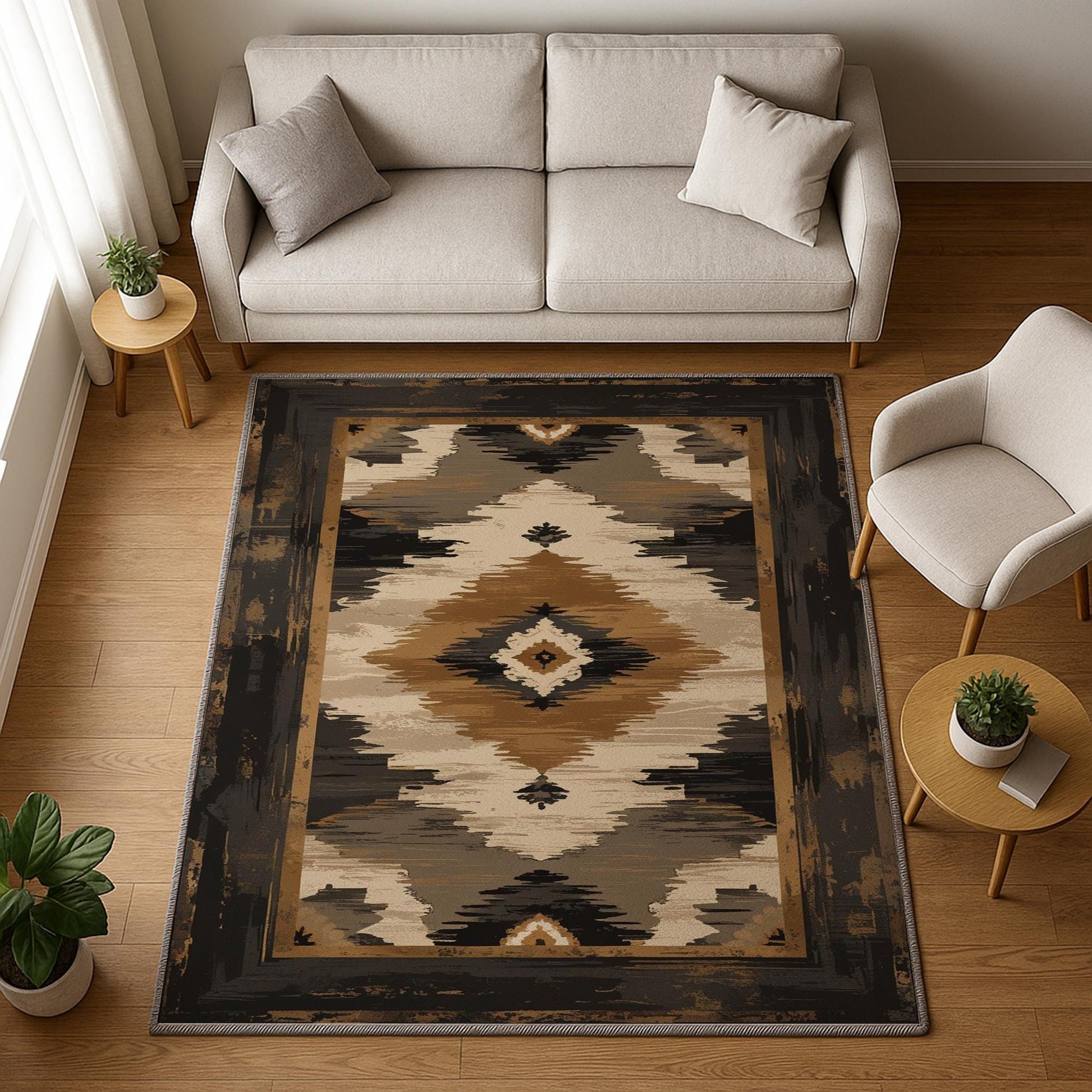Southwestern geometric tribal chenille rug in earthy brown, beige, black, and tan tones, washable with non-slip recycled cotton backing.