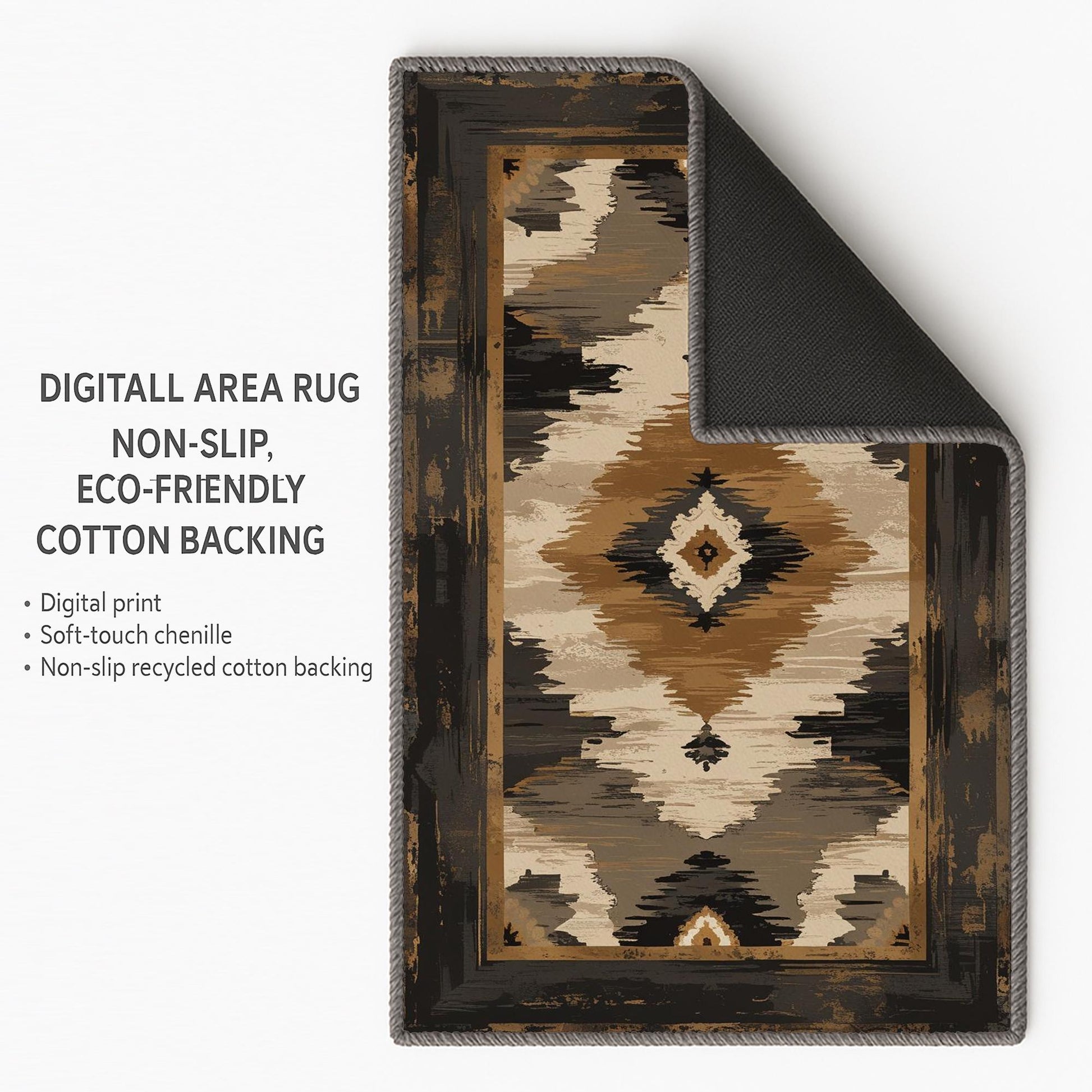 Southwestern geometric tribal chenille rug in earthy brown, beige, black, and tan tones, washable with non-slip recycled cotton backing.