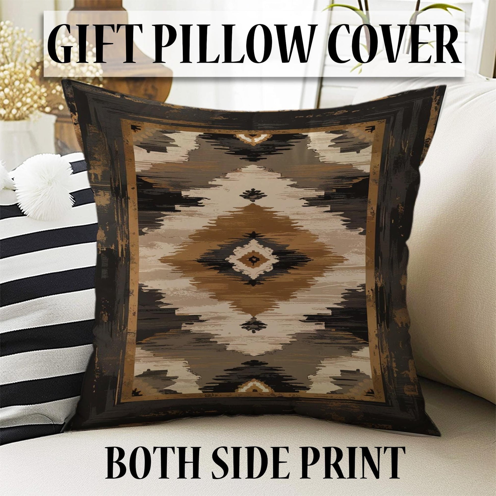 Southwestern geometric tribal chenille rug in earthy brown, beige, black, and tan tones, washable with non-slip recycled cotton backing.