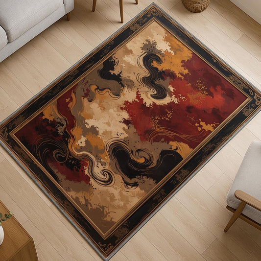Abstract area rug with antiqued oriental border, swirling red gold and beige pattern, washable chenille fabric with non-slip backing.
