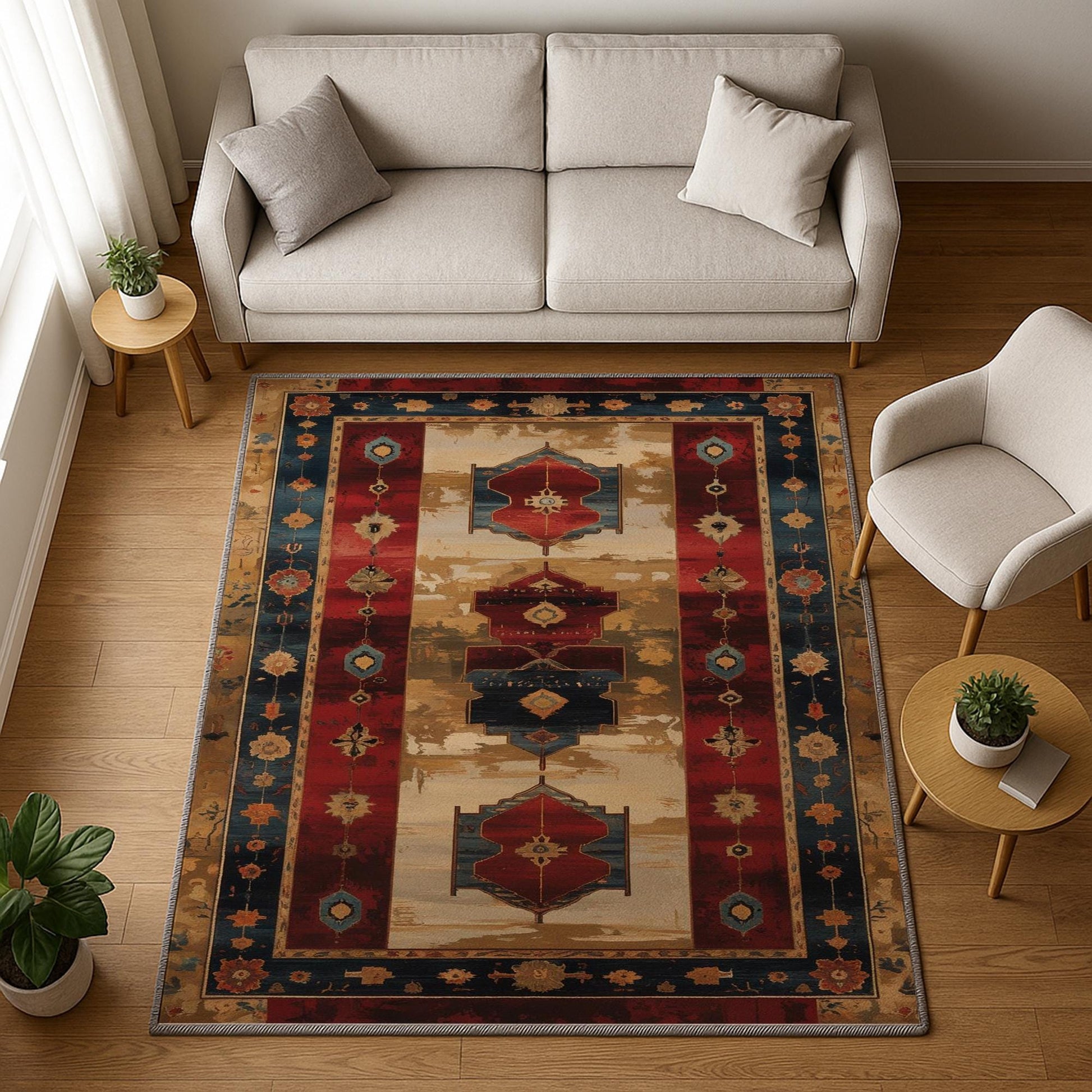 Vintage Turkish kilim-style chenille rug with red and blue medallion motifs, oriental floral border, washable non-slip backing for boho and rustic decor.