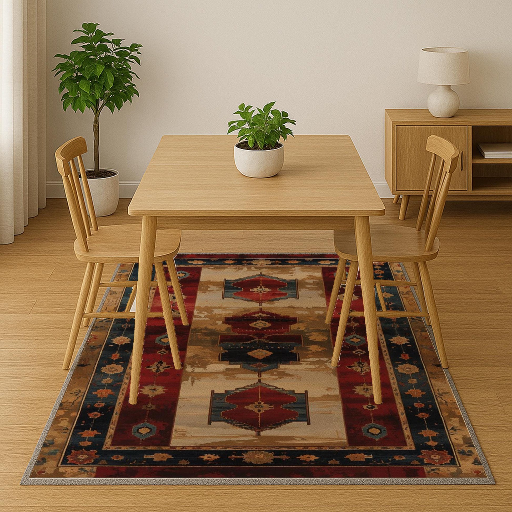 Vintage Turkish kilim-style chenille rug with red and blue medallion motifs, oriental floral border, washable non-slip backing for boho and rustic decor.