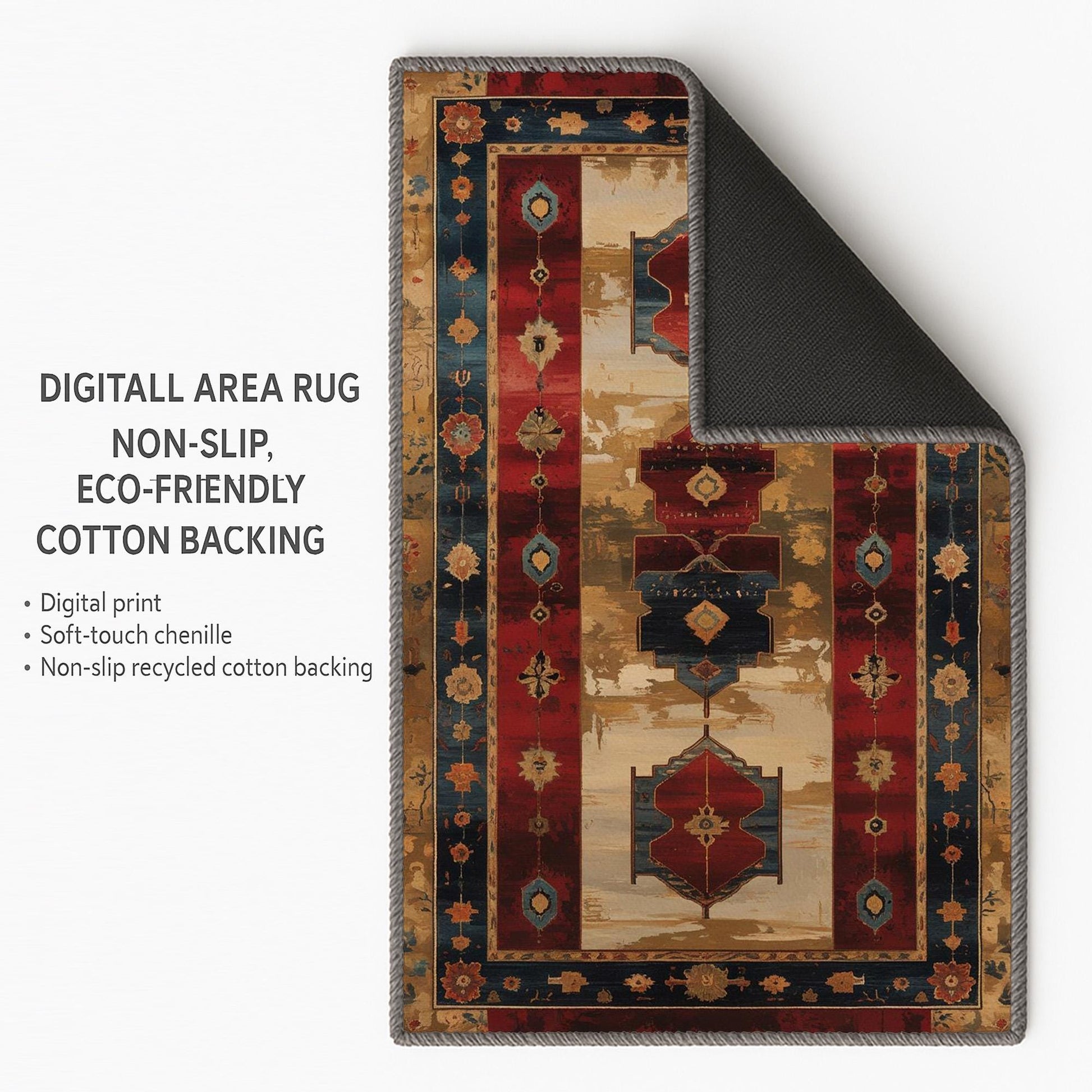 Vintage Turkish kilim-style chenille rug with red and blue medallion motifs, oriental floral border, washable non-slip backing for boho and rustic decor.