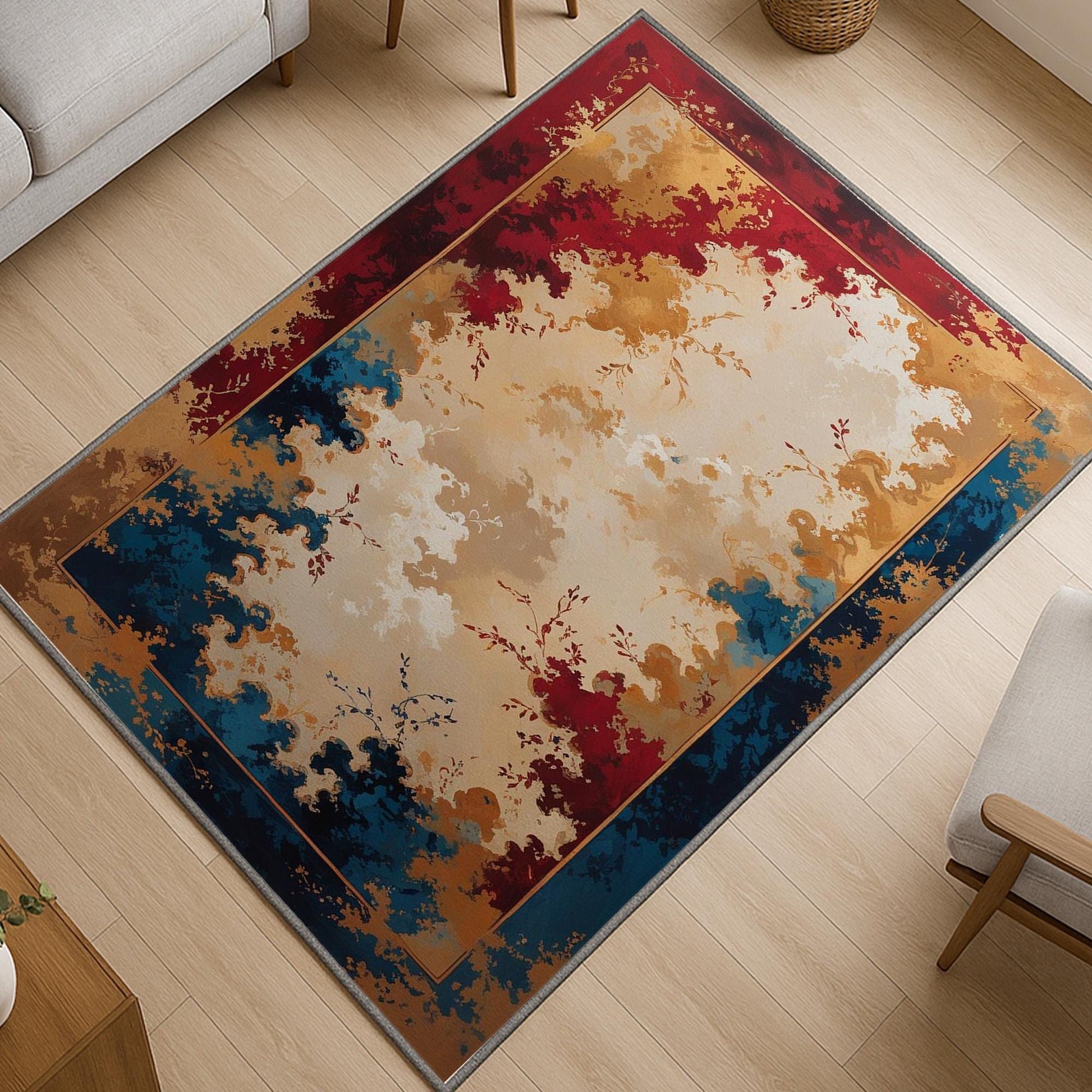 Floral abstract chenille rug with red, gold, and blue oriental border, soft beige center, washable non-slip backing, perfect for vintage and elegant decor.
