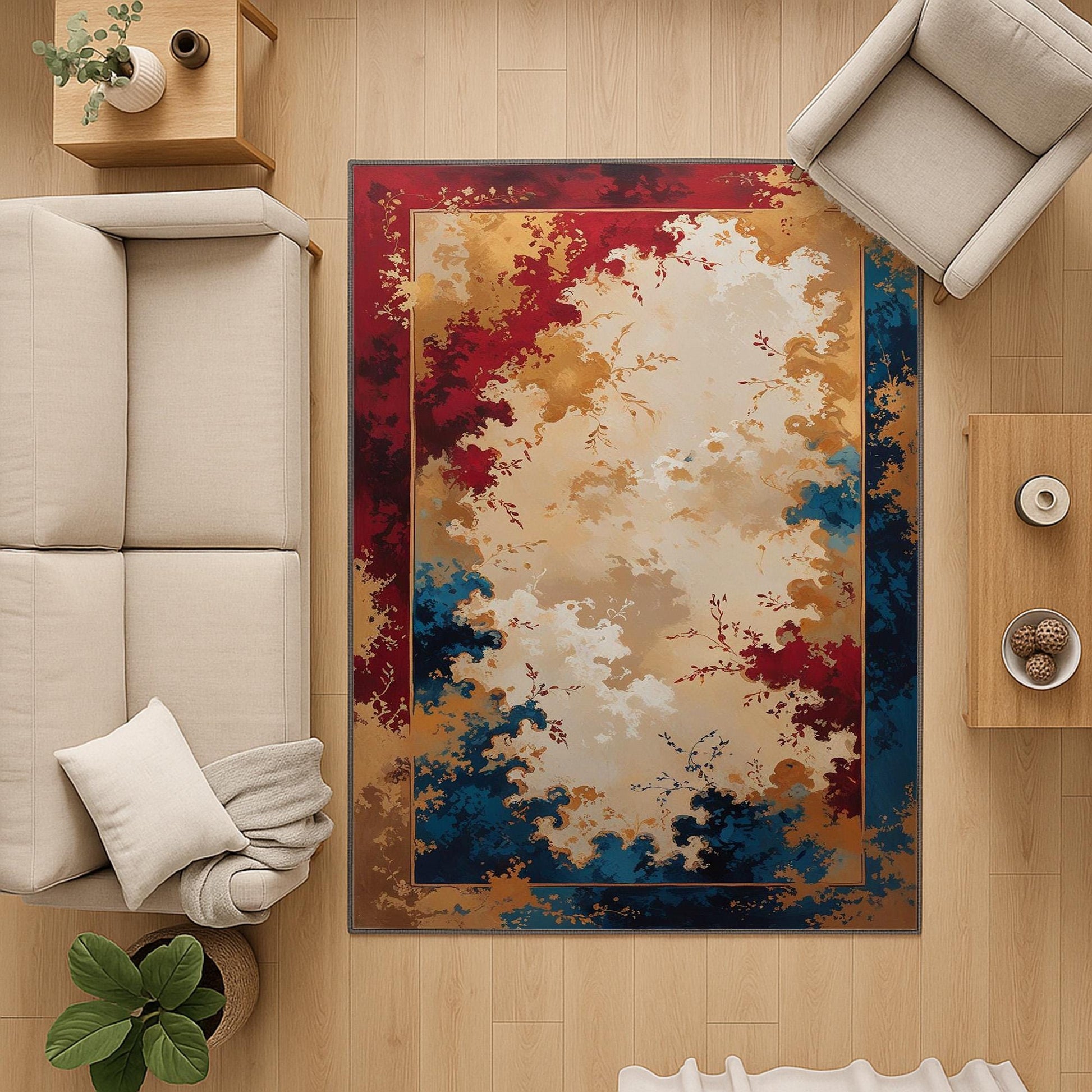 Floral abstract chenille rug with red, gold, and blue oriental border, soft beige center, washable non-slip backing, perfect for vintage and elegant decor.