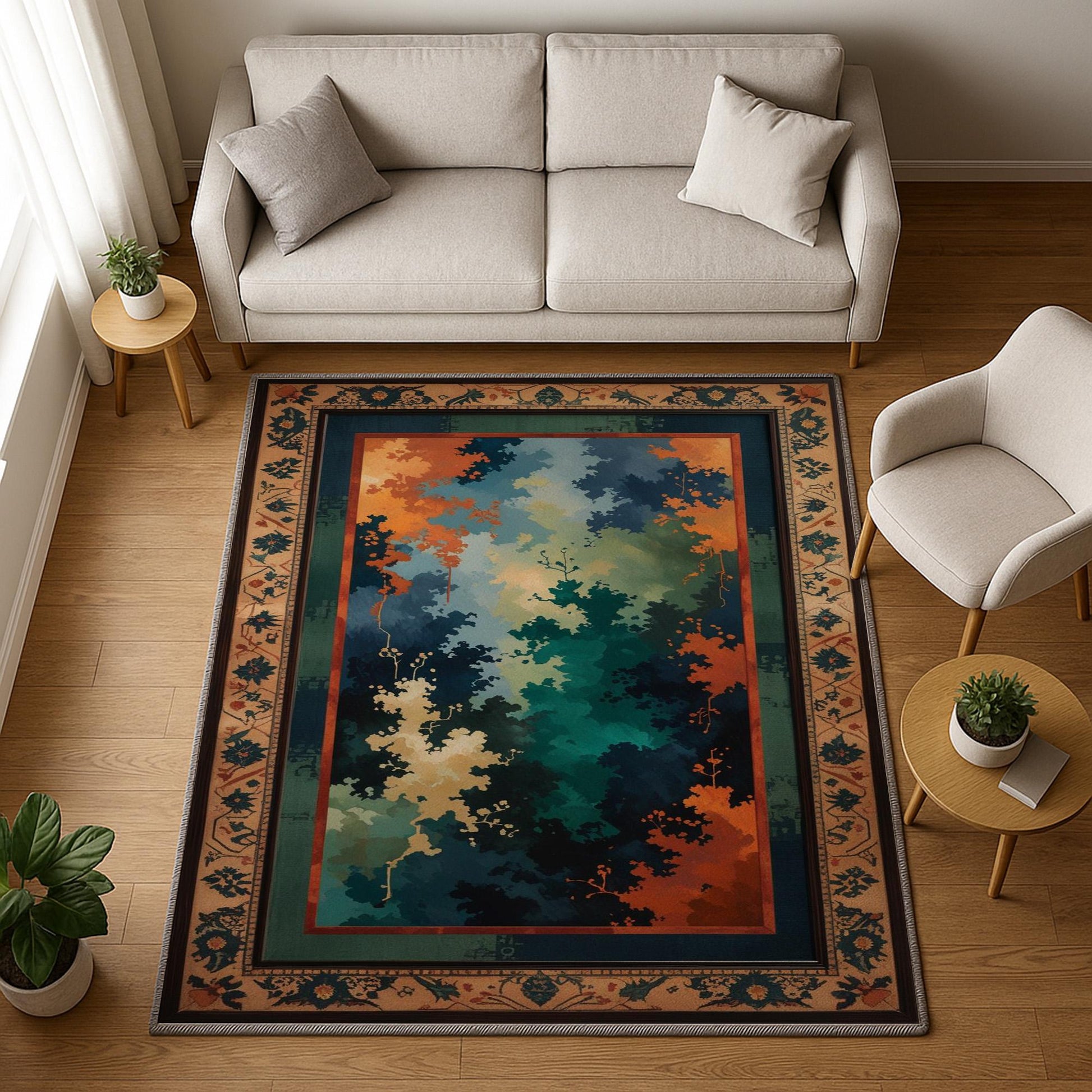 Abstract chenille rug with green, blue, and orange tones, vintage oriental border, washable non-slip backing, perfect for modern and artistic home decor.