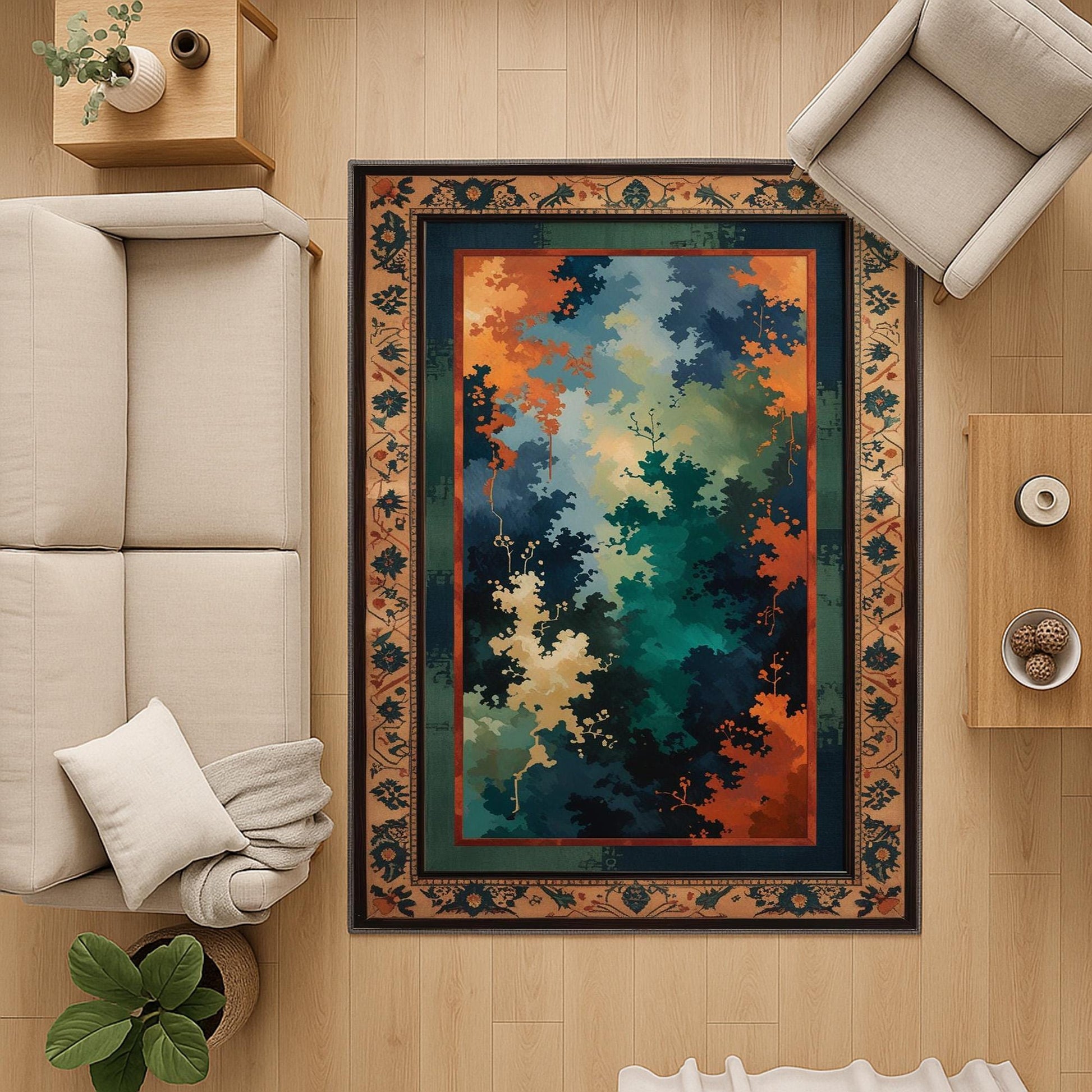 Abstract chenille rug with green, blue, and orange tones, vintage oriental border, washable non-slip backing, perfect for modern and artistic home decor.