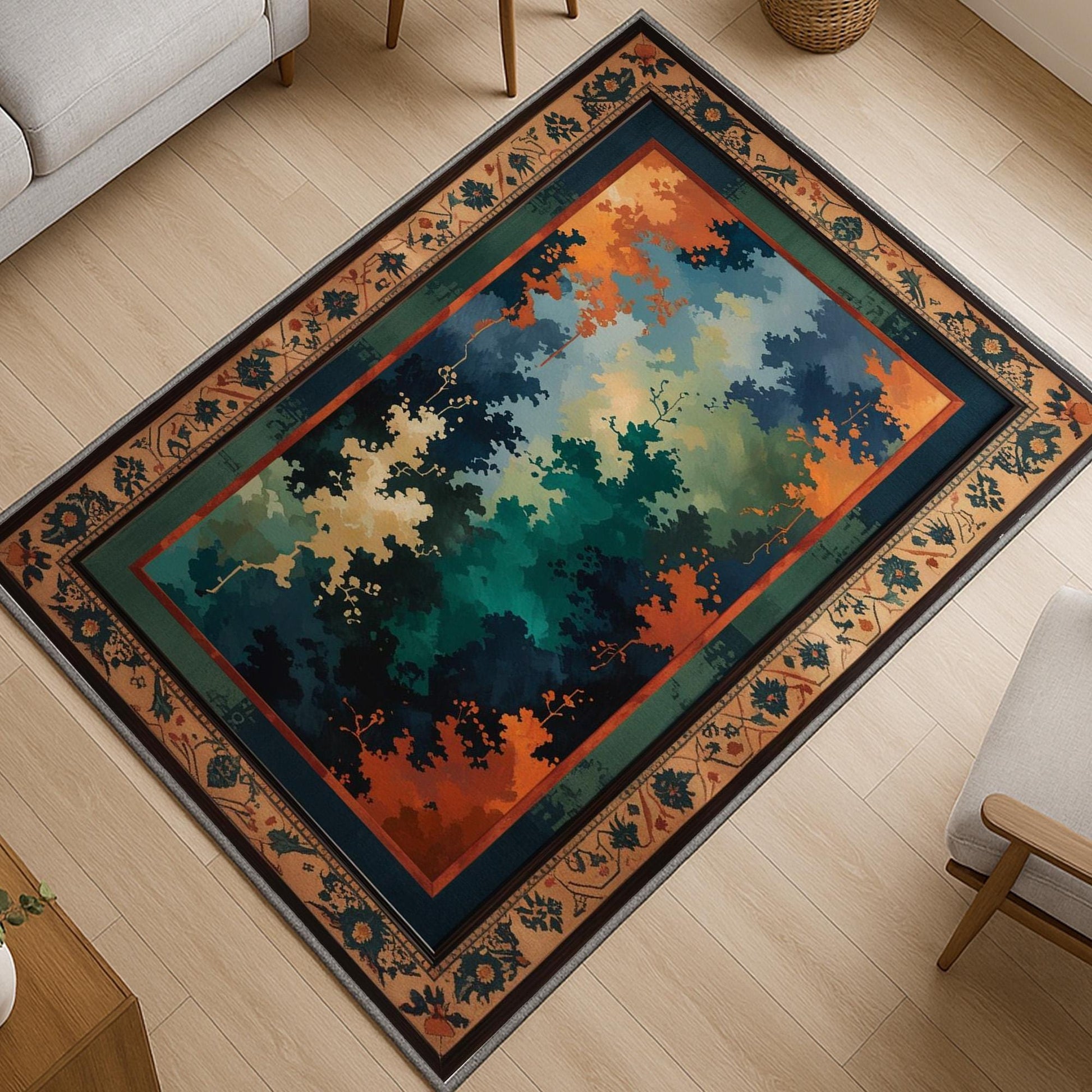 Abstract chenille rug with green, blue, and orange tones, vintage oriental border, washable non-slip backing, perfect for modern and artistic home decor.