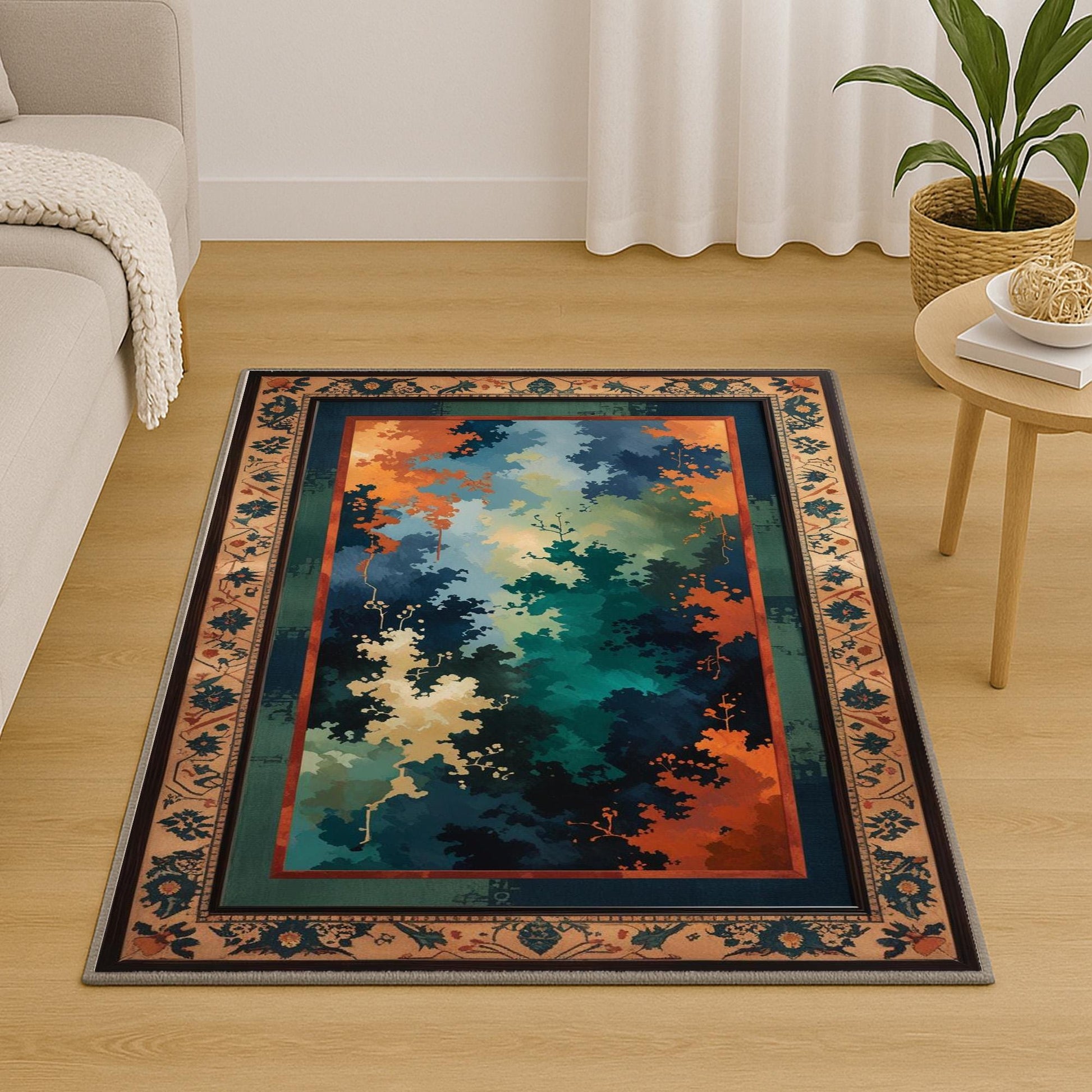 Abstract chenille rug with green, blue, and orange tones, vintage oriental border, washable non-slip backing, perfect for modern and artistic home decor.