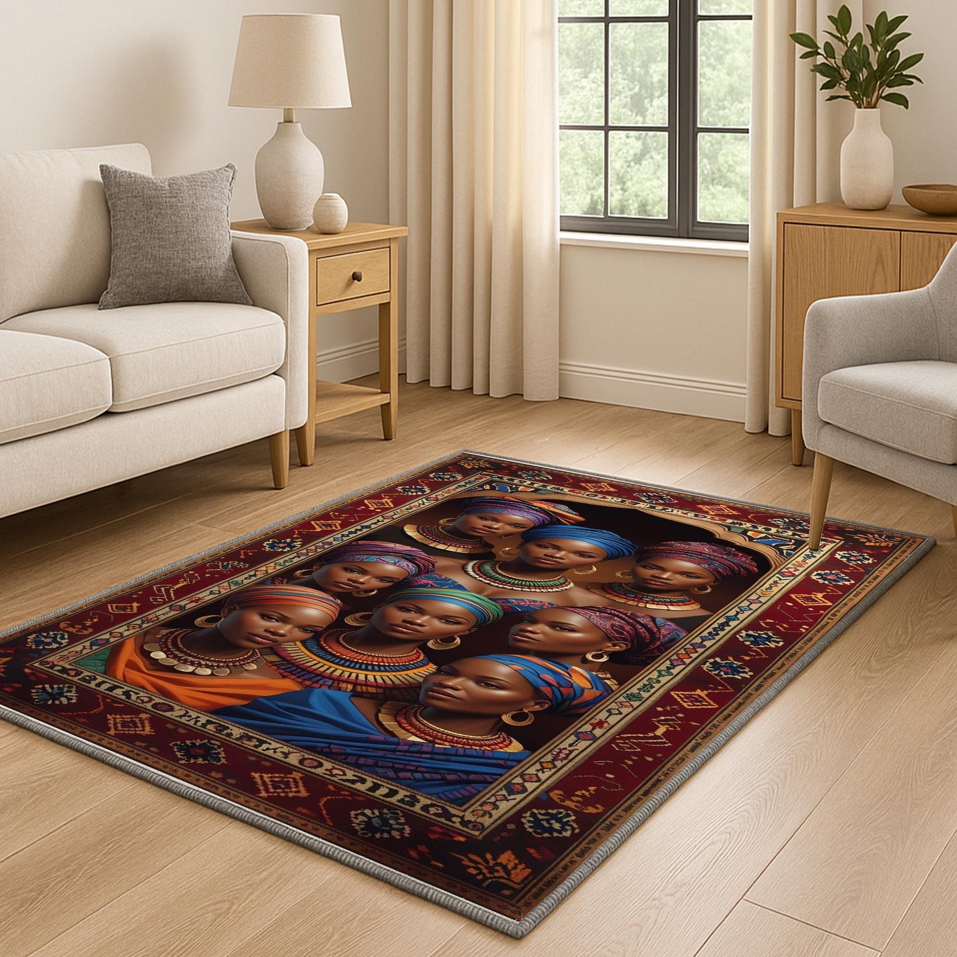 Artistic African-inspired portrait illustration with vibrant headwraps and jewelry, framed by an oriental-style rug border, washable non-slip chenille surface.