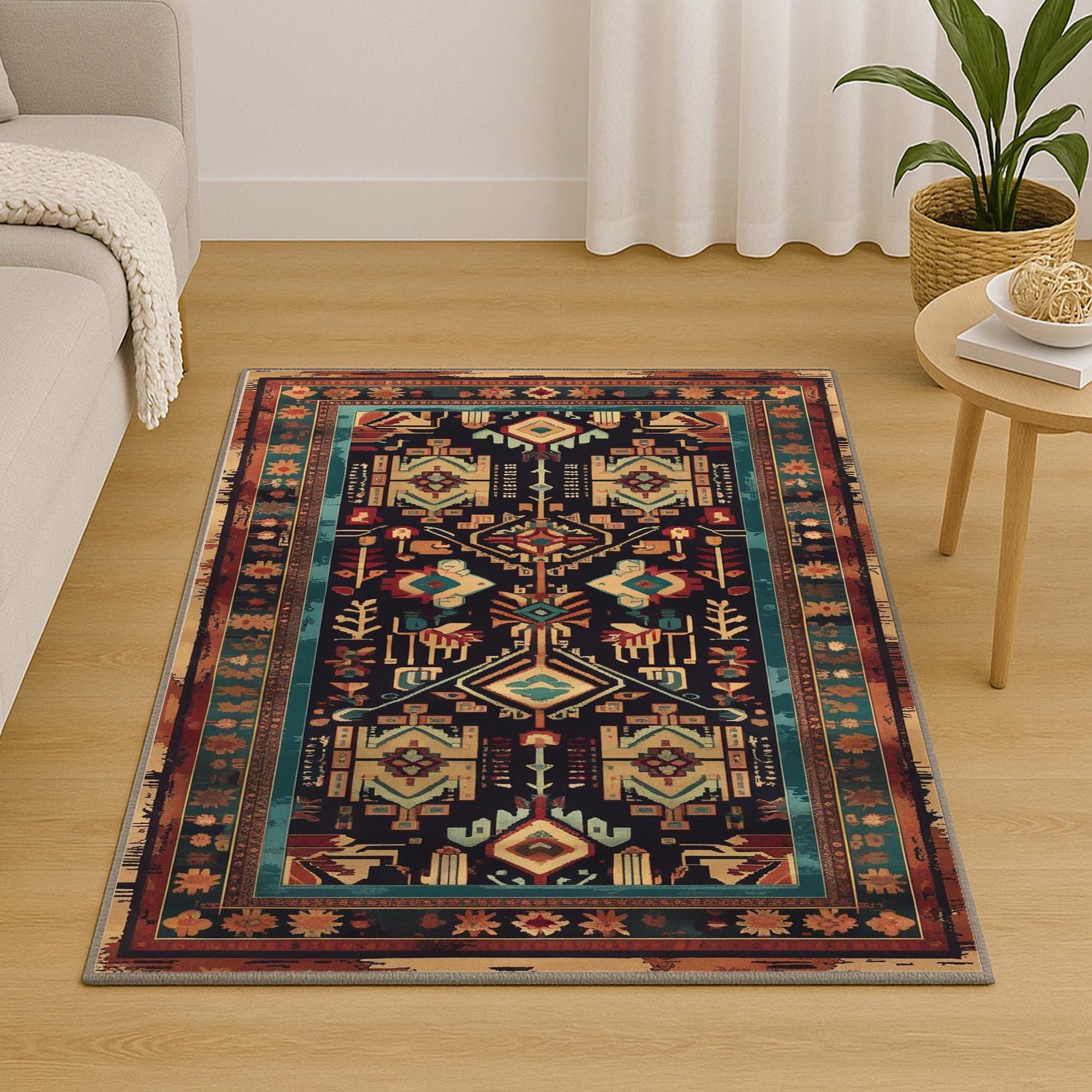 Aztec-inspired chenille rug with oriental influence, antique floral border, geometric tribal motifs, washable non-slip backing, perfect for boho and vintage decor.