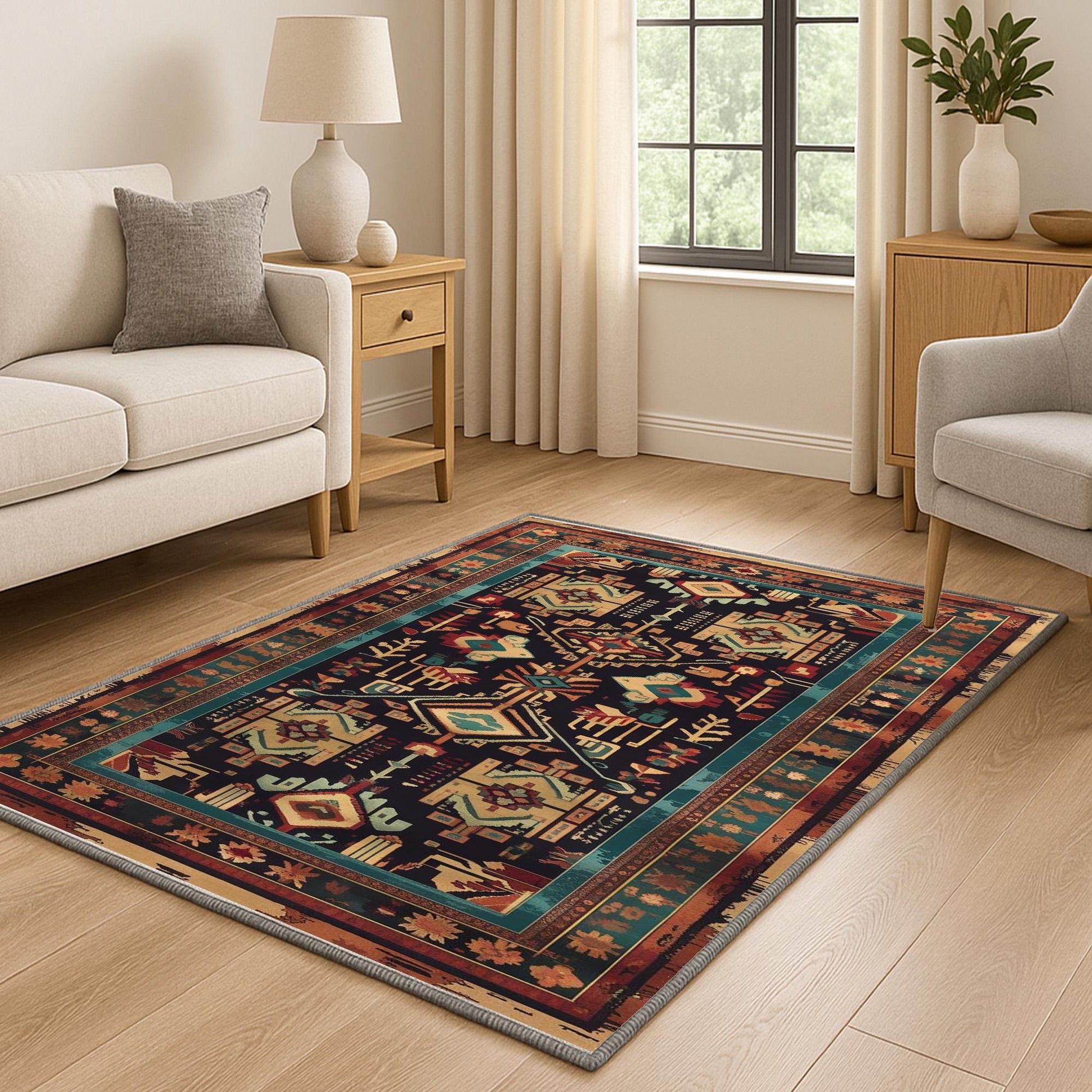 Aztec-inspired chenille rug with oriental influence, antique floral border, geometric tribal motifs, washable non-slip backing, perfect for boho and vintage decor.