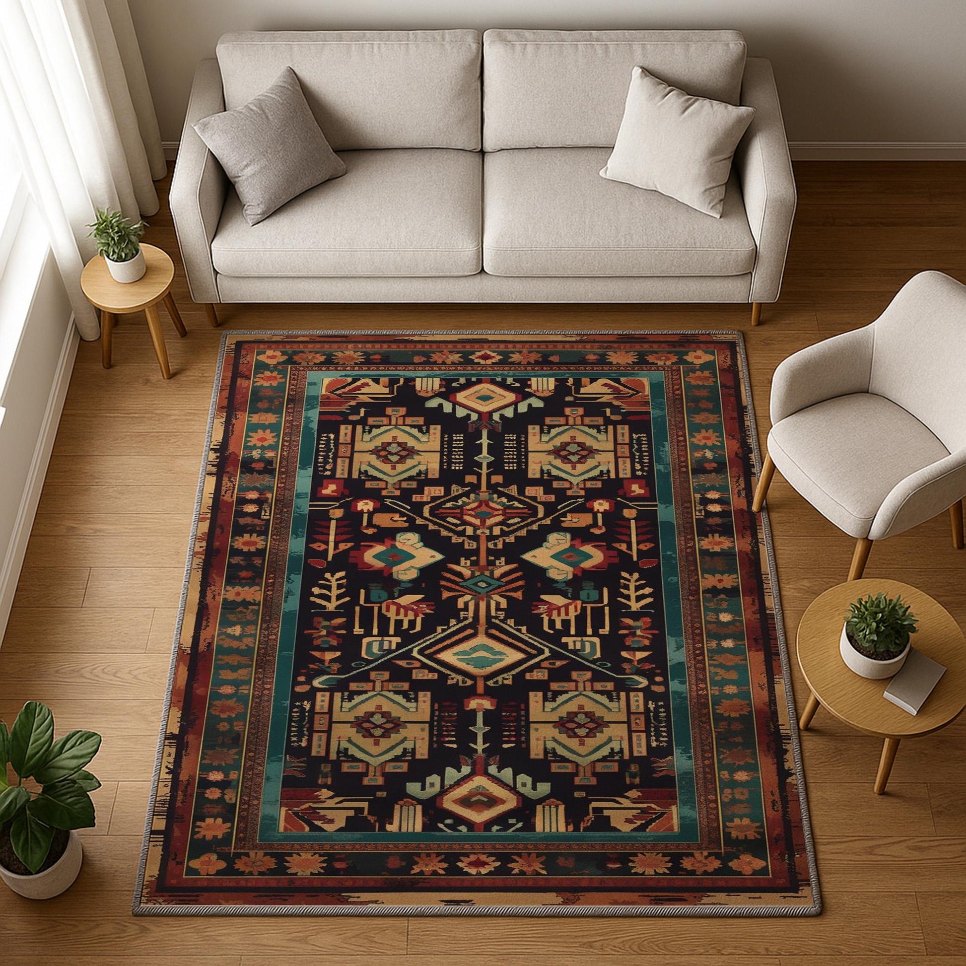 Aztec-inspired chenille rug with oriental influence, antique floral border, geometric tribal motifs, washable non-slip backing, perfect for boho and vintage decor.