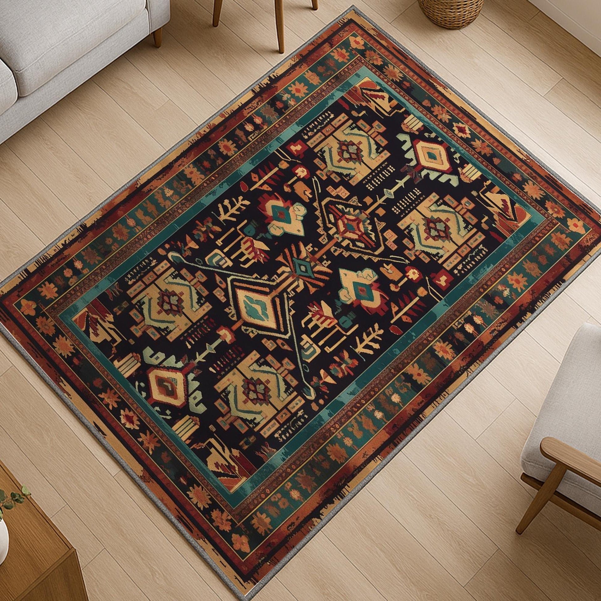 Aztec-inspired chenille rug with oriental influence, antique floral border, geometric tribal motifs, washable non-slip backing, perfect for boho and vintage decor.
