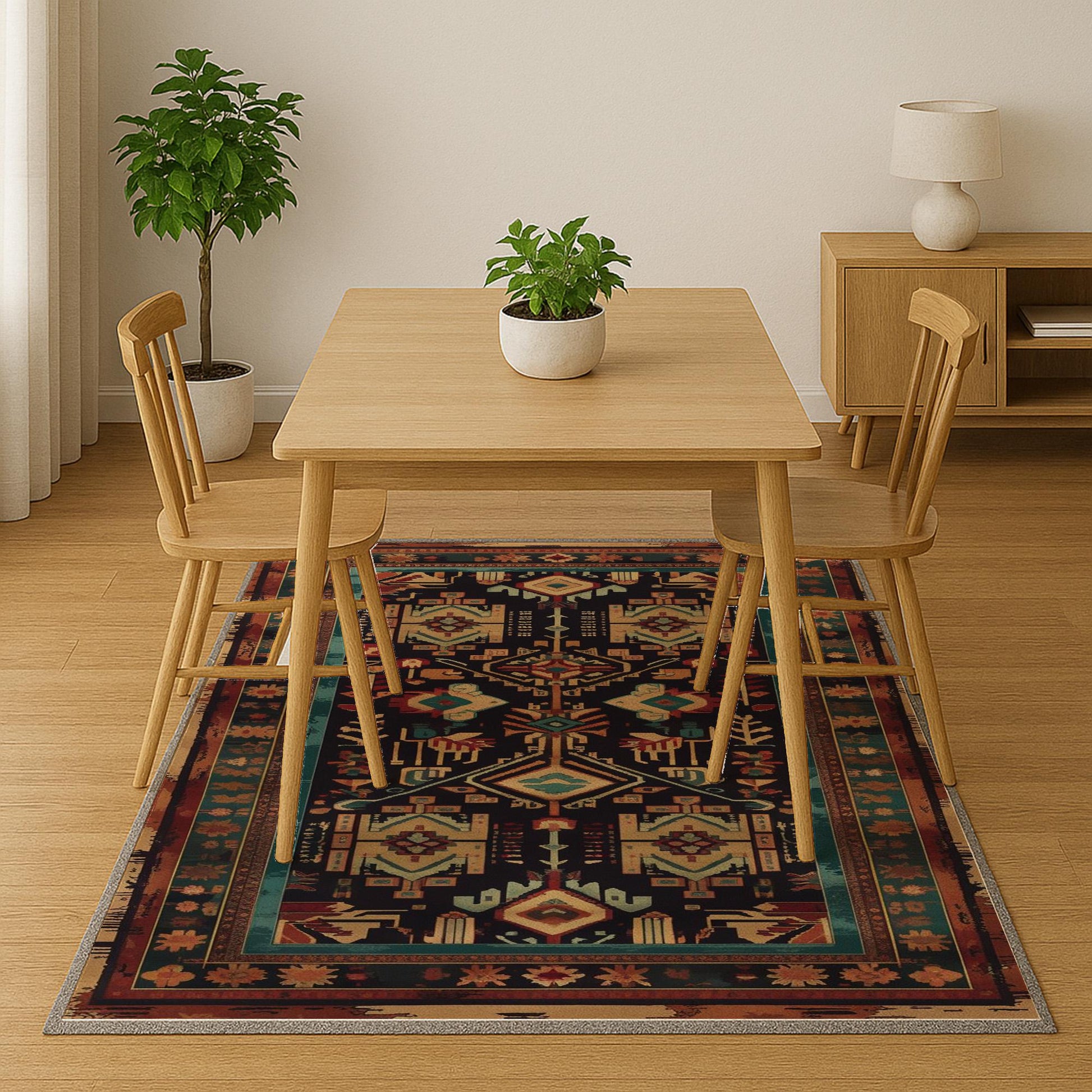 Aztec-inspired chenille rug with oriental influence, antique floral border, geometric tribal motifs, washable non-slip backing, perfect for boho and vintage decor.