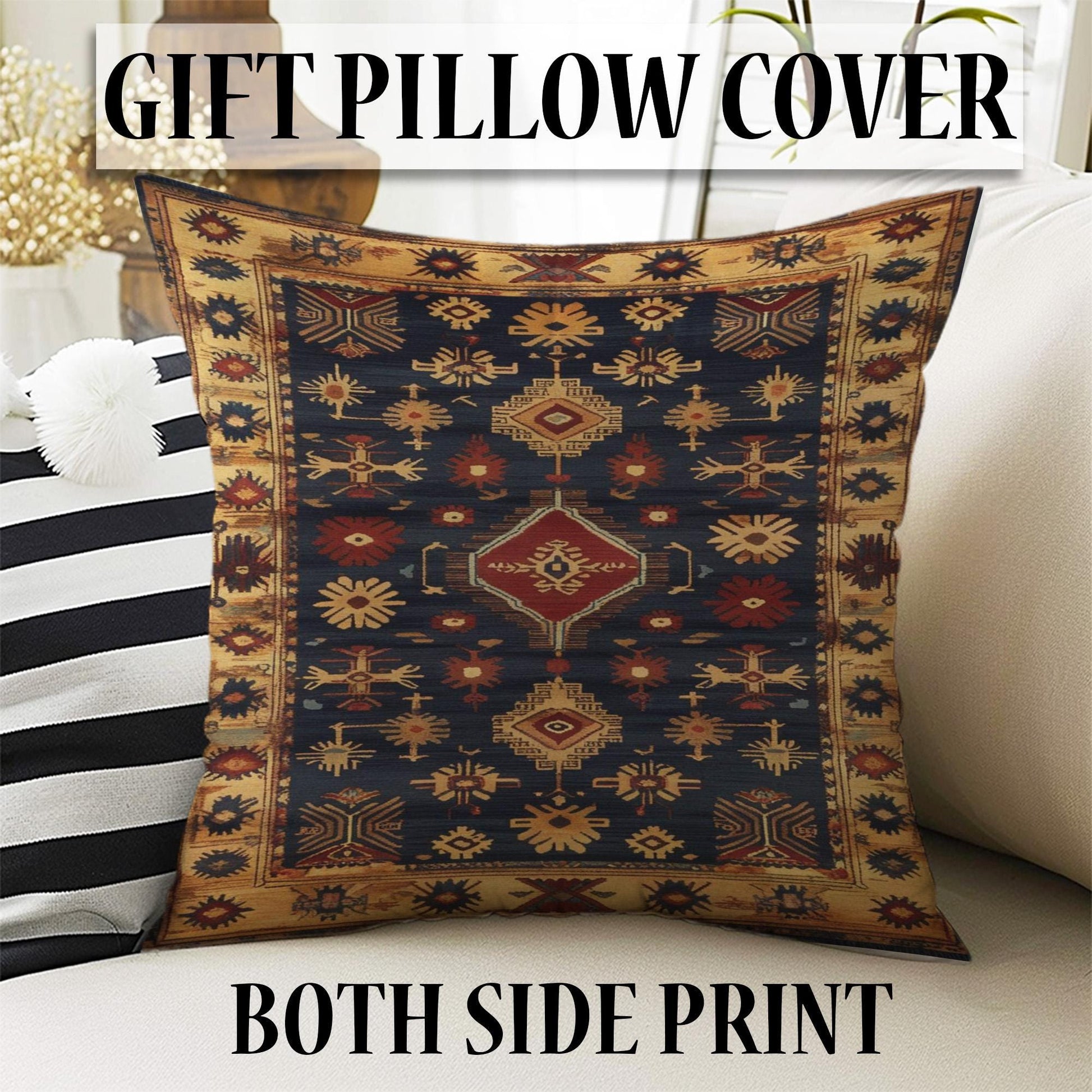 Aztec-inspired chenille rug with oriental influence, navy background, red and gold tribal geometric motifs, washable non-slip backing, perfect for boho and rustic decor.