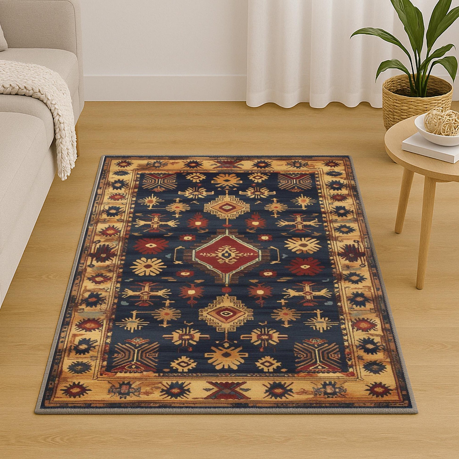Aztec-inspired chenille rug with oriental influence, navy background, red and gold tribal geometric motifs, washable non-slip backing, perfect for boho and rustic decor.