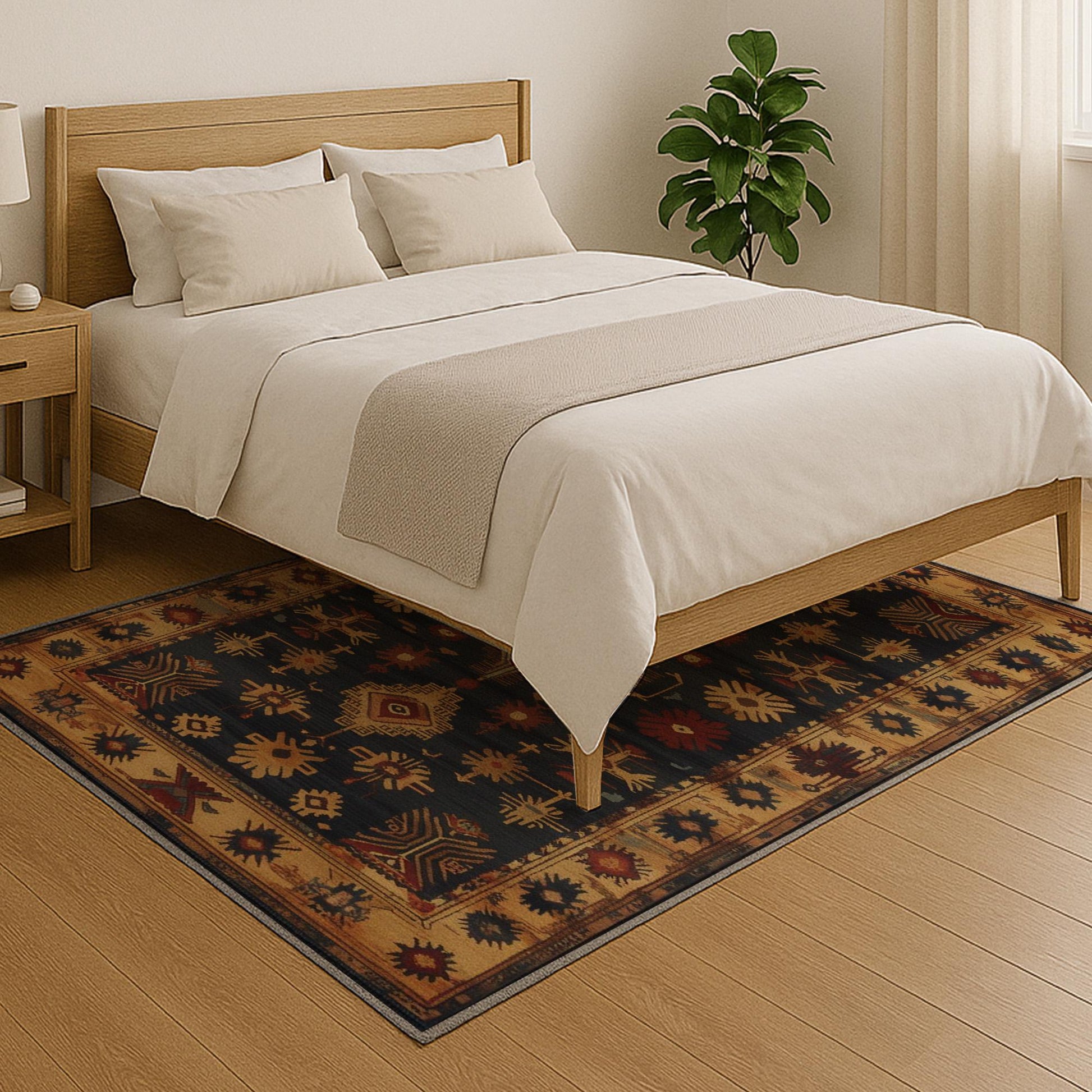 Aztec-inspired chenille rug with oriental influence, navy background, red and gold tribal geometric motifs, washable non-slip backing, perfect for boho and rustic decor.
