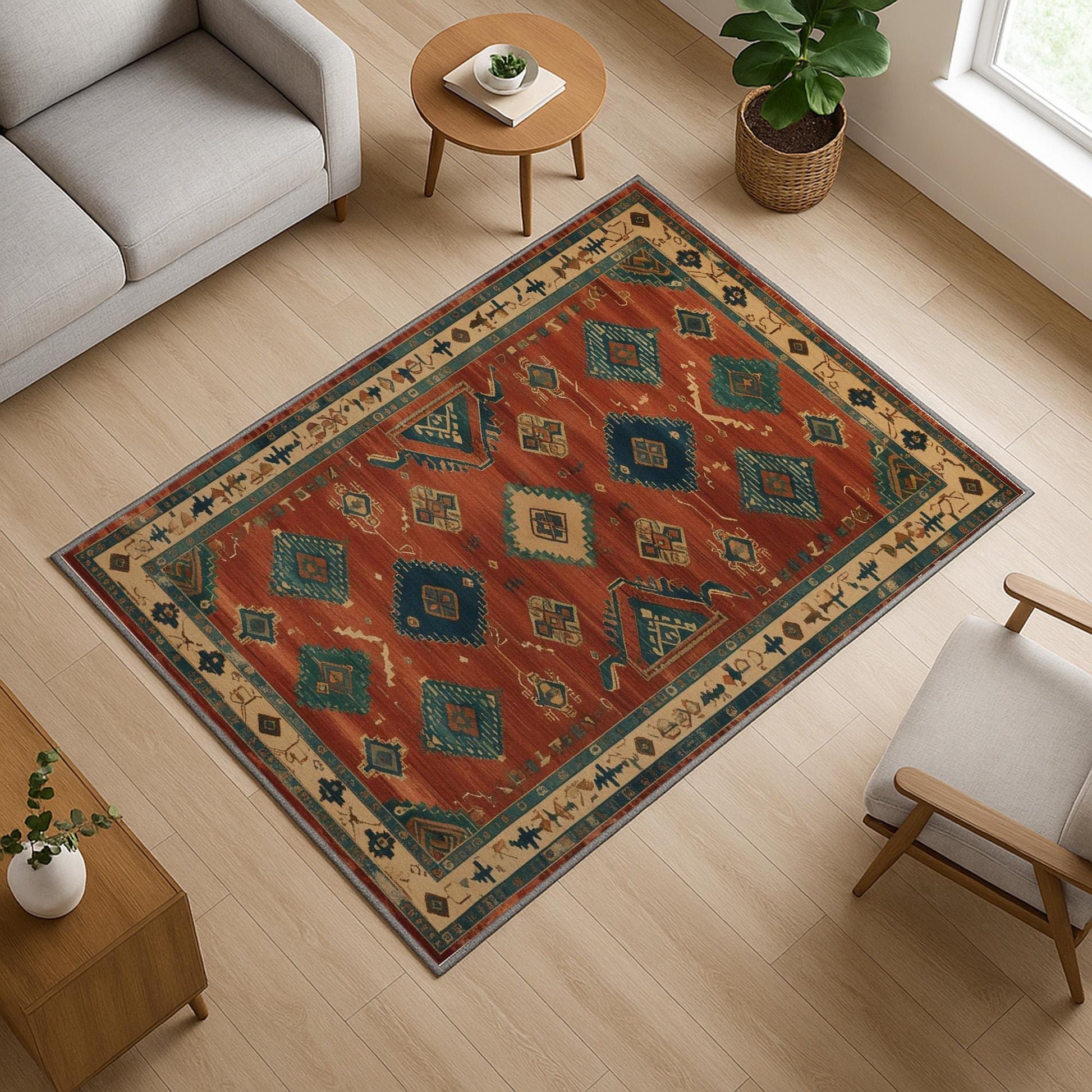 Aztec-inspired chenille rug with oriental influence, rust red background, blue and cream tribal diamond motifs, washable non-slip backing, perfect for boho and rustic decor.
