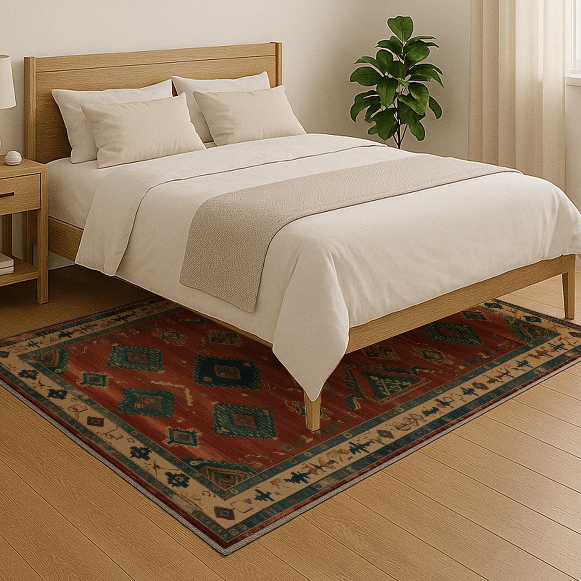 Aztec-inspired chenille rug with oriental influence, rust red background, blue and cream tribal diamond motifs, washable non-slip backing, perfect for boho and rustic decor.