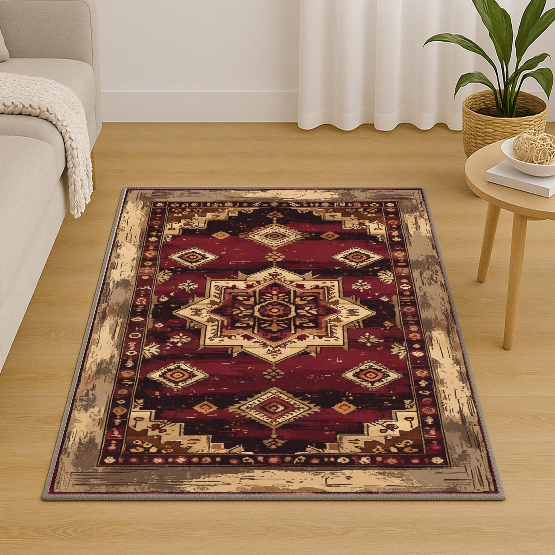 Bohemian-inspired chenille rug with central floral medallion, deep red background, beige and gold accents, washable non-slip backing, perfect for boho and vintage decor.