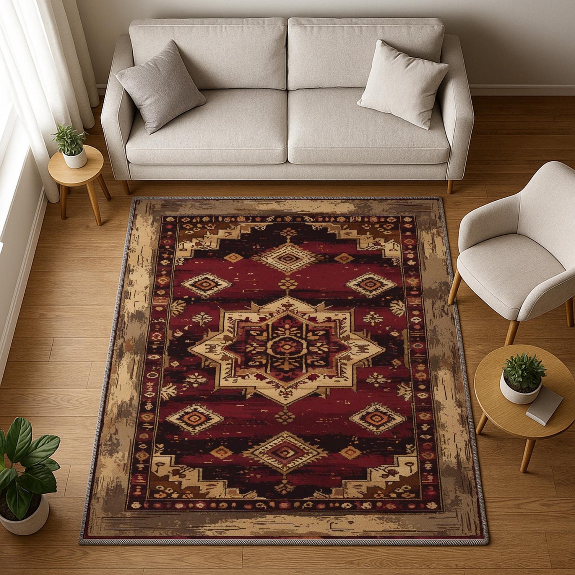 Bohemian-inspired chenille rug with central floral medallion, deep red background, beige and gold accents, washable non-slip backing, perfect for boho and vintage decor.