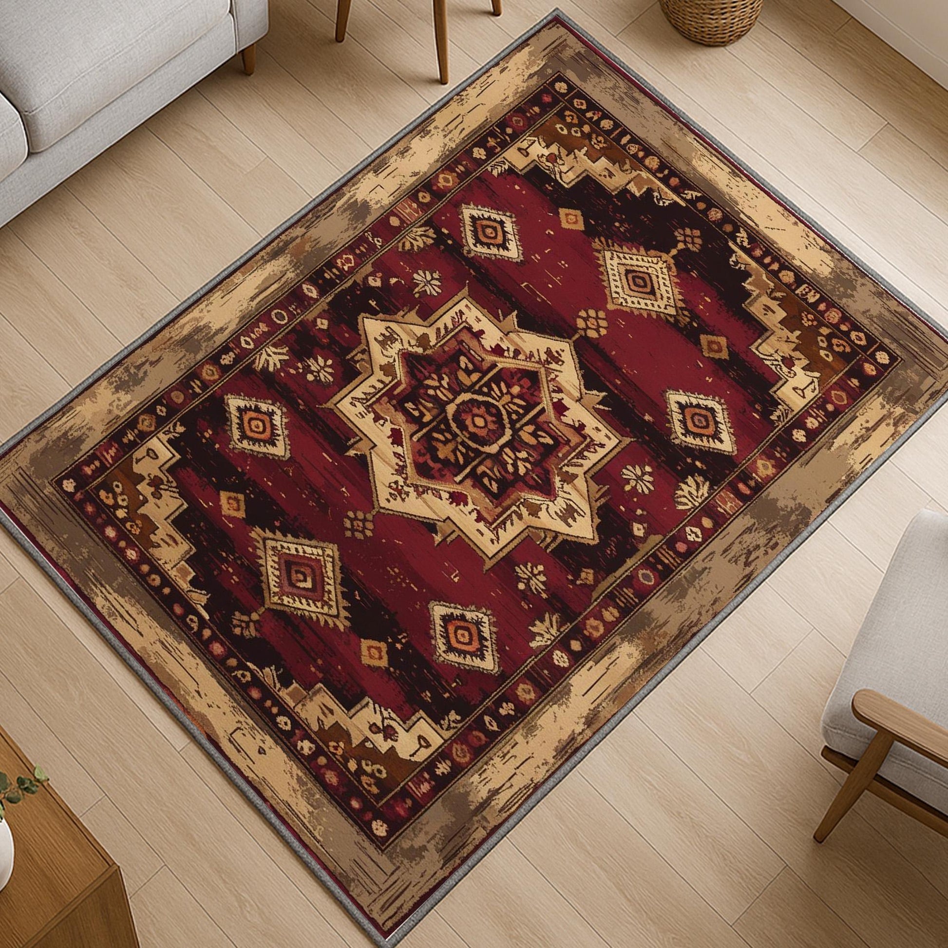 Bohemian-inspired chenille rug with central floral medallion, deep red background, beige and gold accents, washable non-slip backing, perfect for boho and vintage decor.