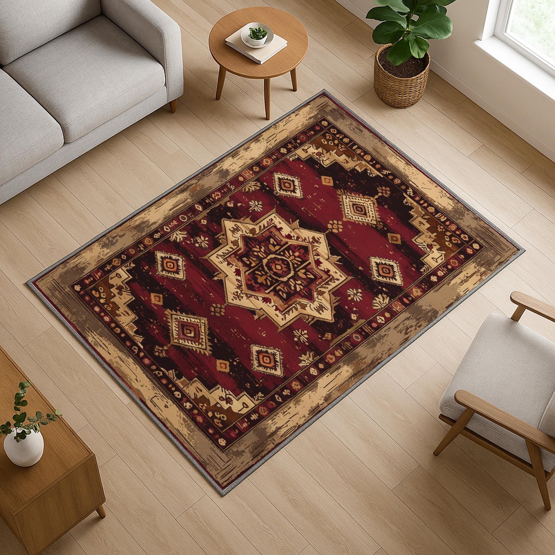 Bohemian-inspired chenille rug with central floral medallion, deep red background, beige and gold accents, washable non-slip backing, perfect for boho and vintage decor.