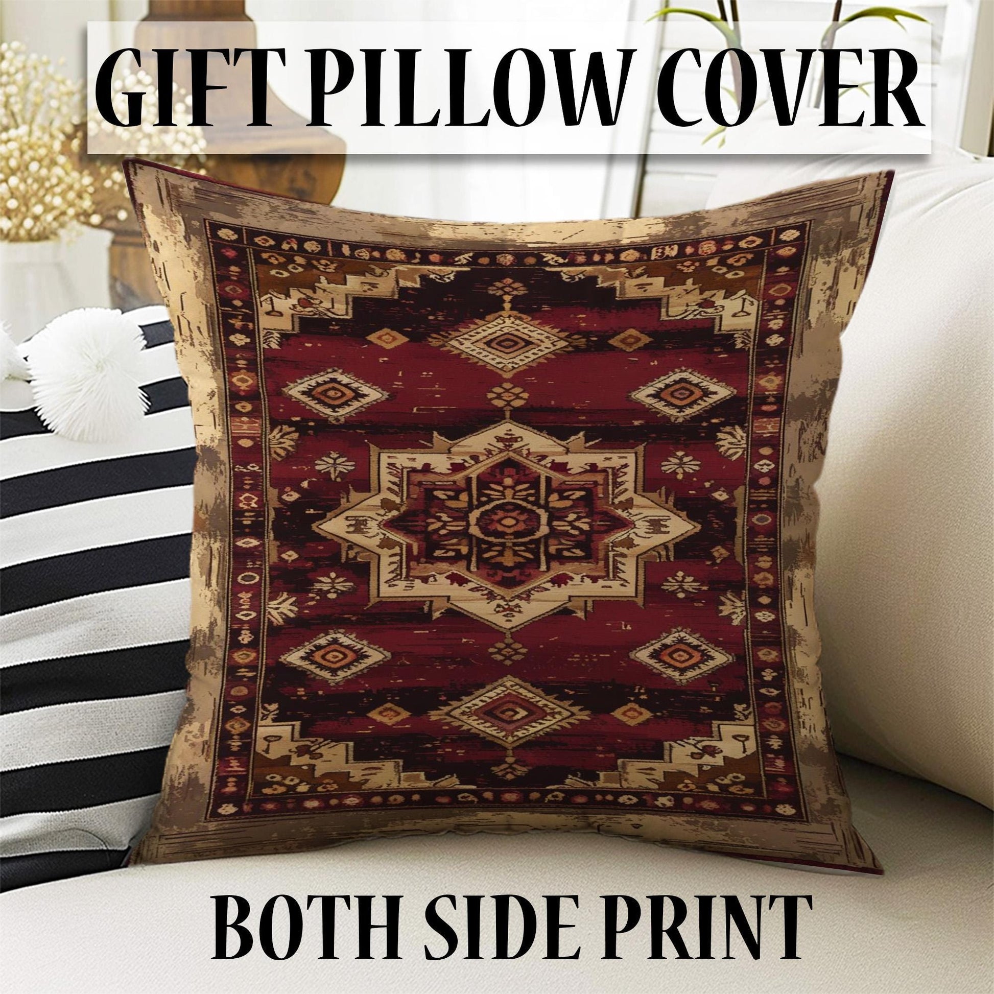 Bohemian-inspired chenille rug with central floral medallion, deep red background, beige and gold accents, washable non-slip backing, perfect for boho and vintage decor.