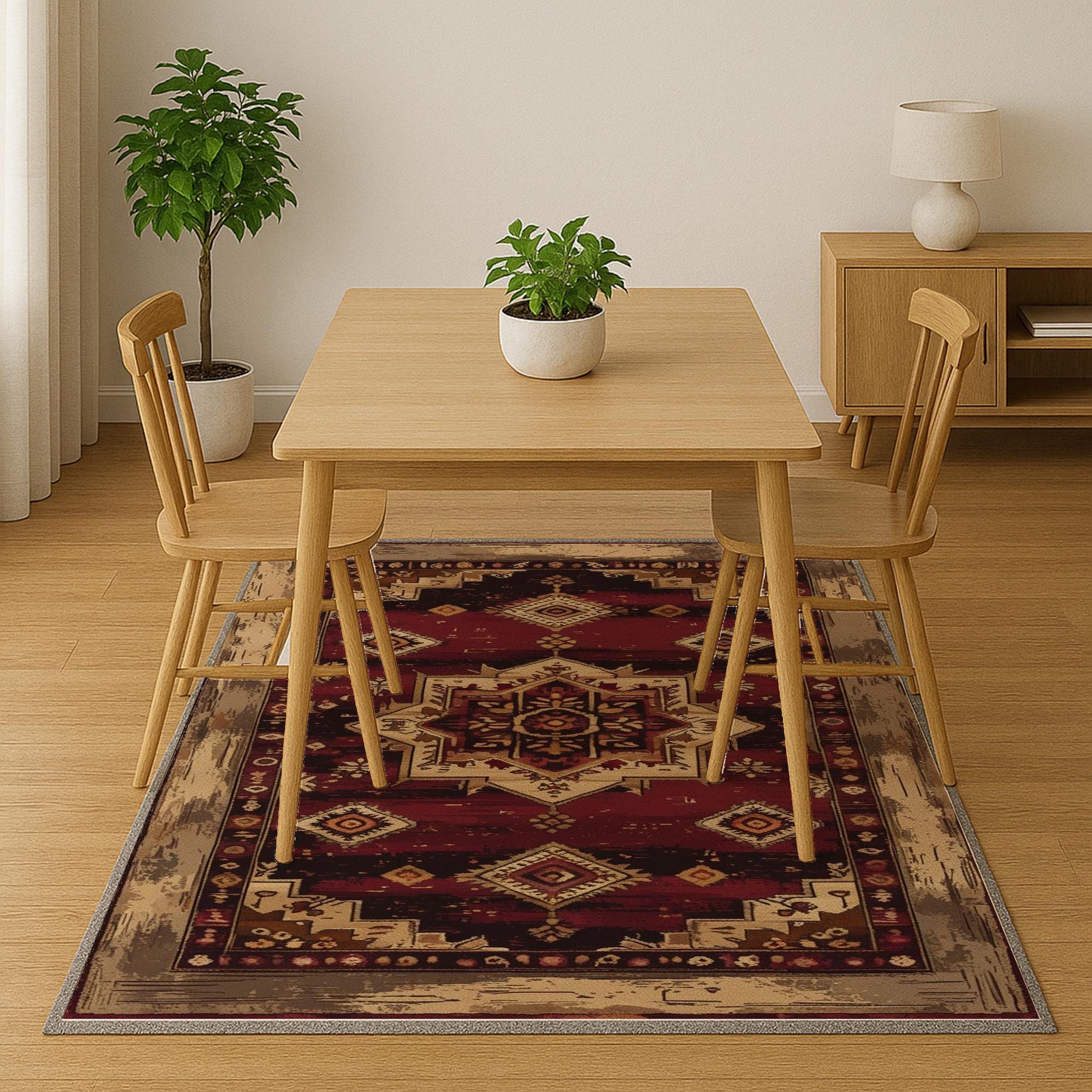 Bohemian-inspired chenille rug with central floral medallion, deep red background, beige and gold accents, washable non-slip backing, perfect for boho and vintage decor.