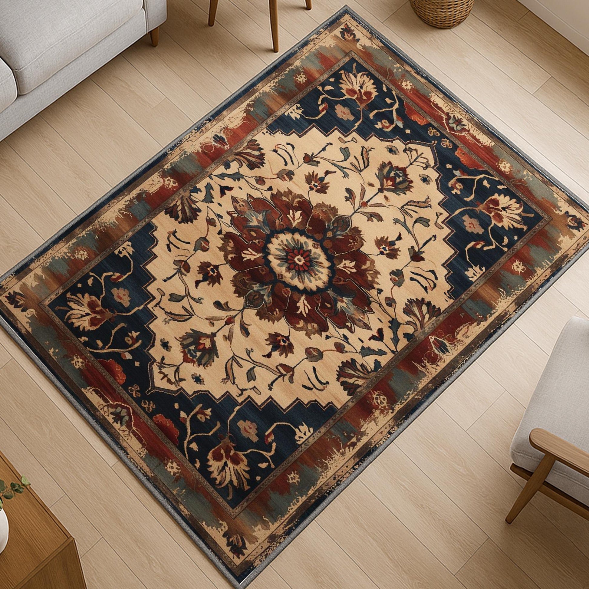 Bohemian Floral Medallion Rug - Washable Chenille Carpet with Oriental Border - Vintage Style Non-Slip Area Rug for Living Room