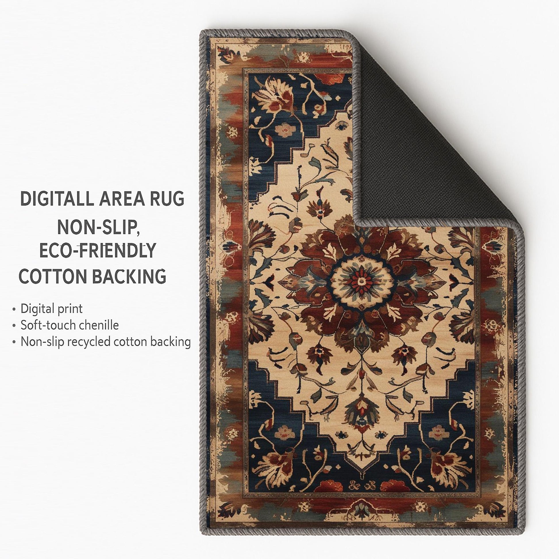 Bohemian Floral Medallion Rug - Washable Chenille Carpet with Oriental Border - Vintage Style Non-Slip Area Rug for Living Room