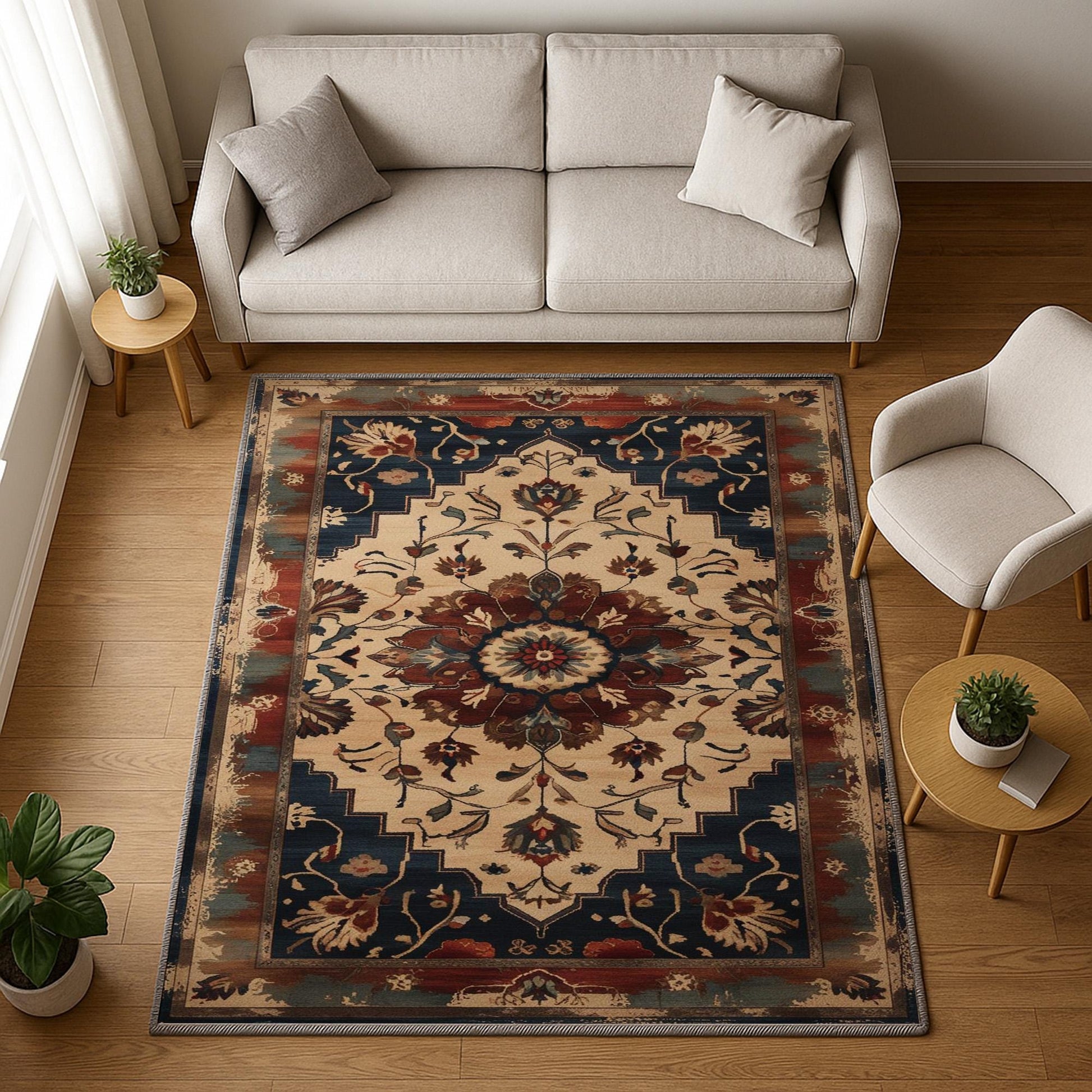Bohemian Floral Medallion Rug - Washable Chenille Carpet with Oriental Border - Vintage Style Non-Slip Area Rug for Living Room