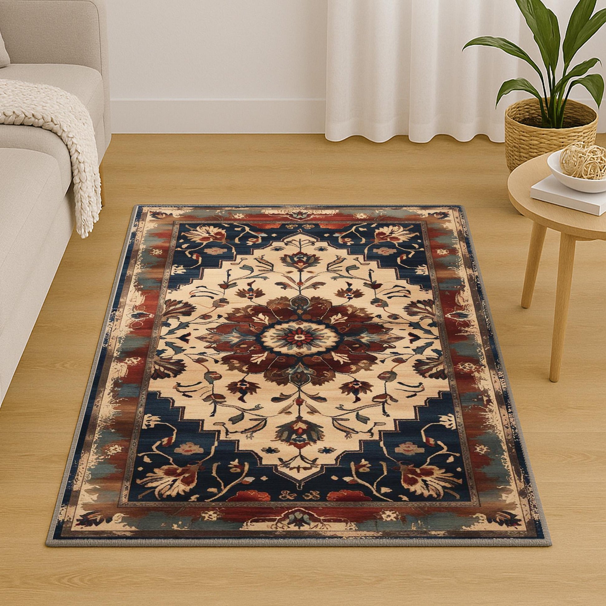 Bohemian Floral Medallion Rug - Washable Chenille Carpet with Oriental Border - Vintage Style Non-Slip Area Rug for Living Room