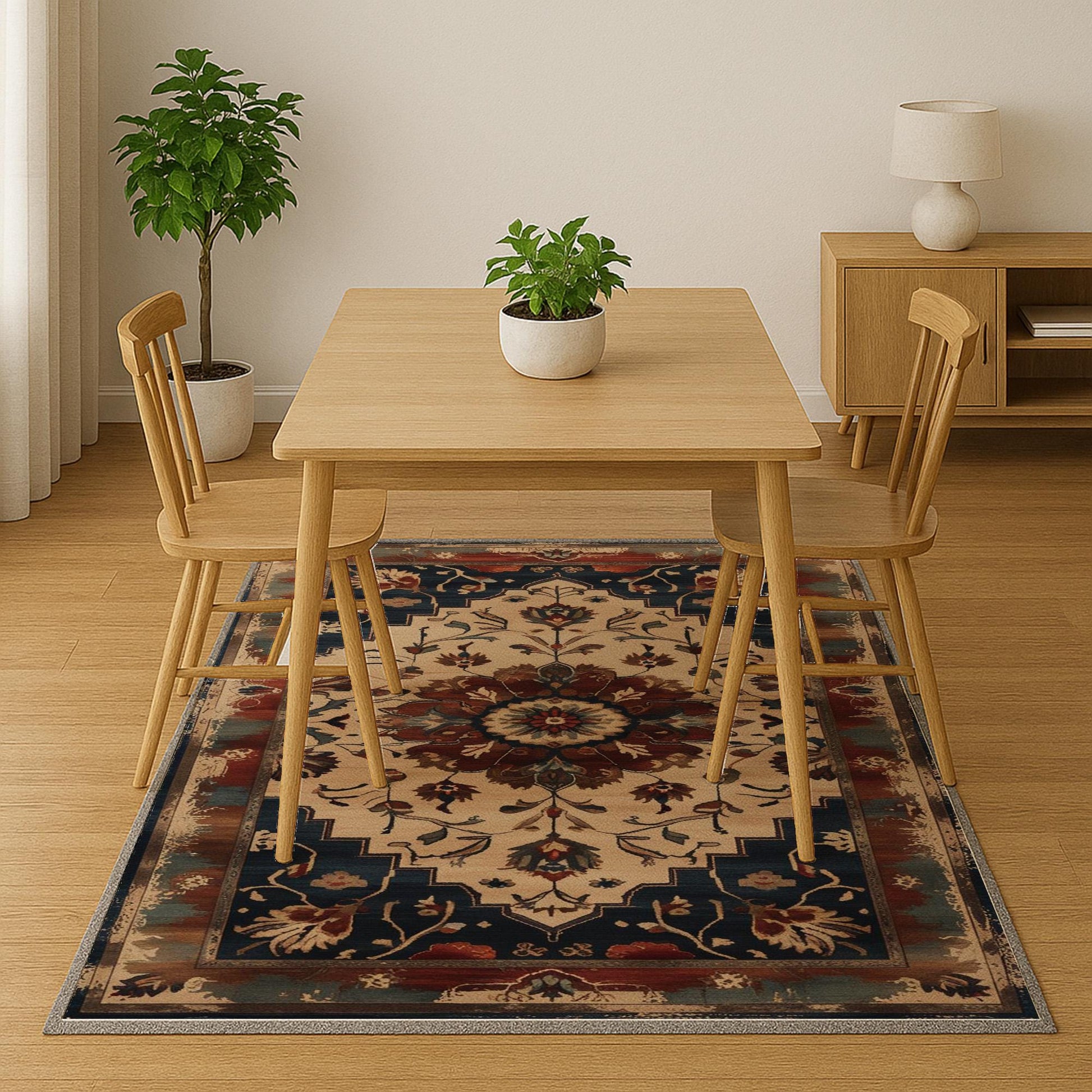 Bohemian Floral Medallion Rug - Washable Chenille Carpet with Oriental Border - Vintage Style Non-Slip Area Rug for Living Room