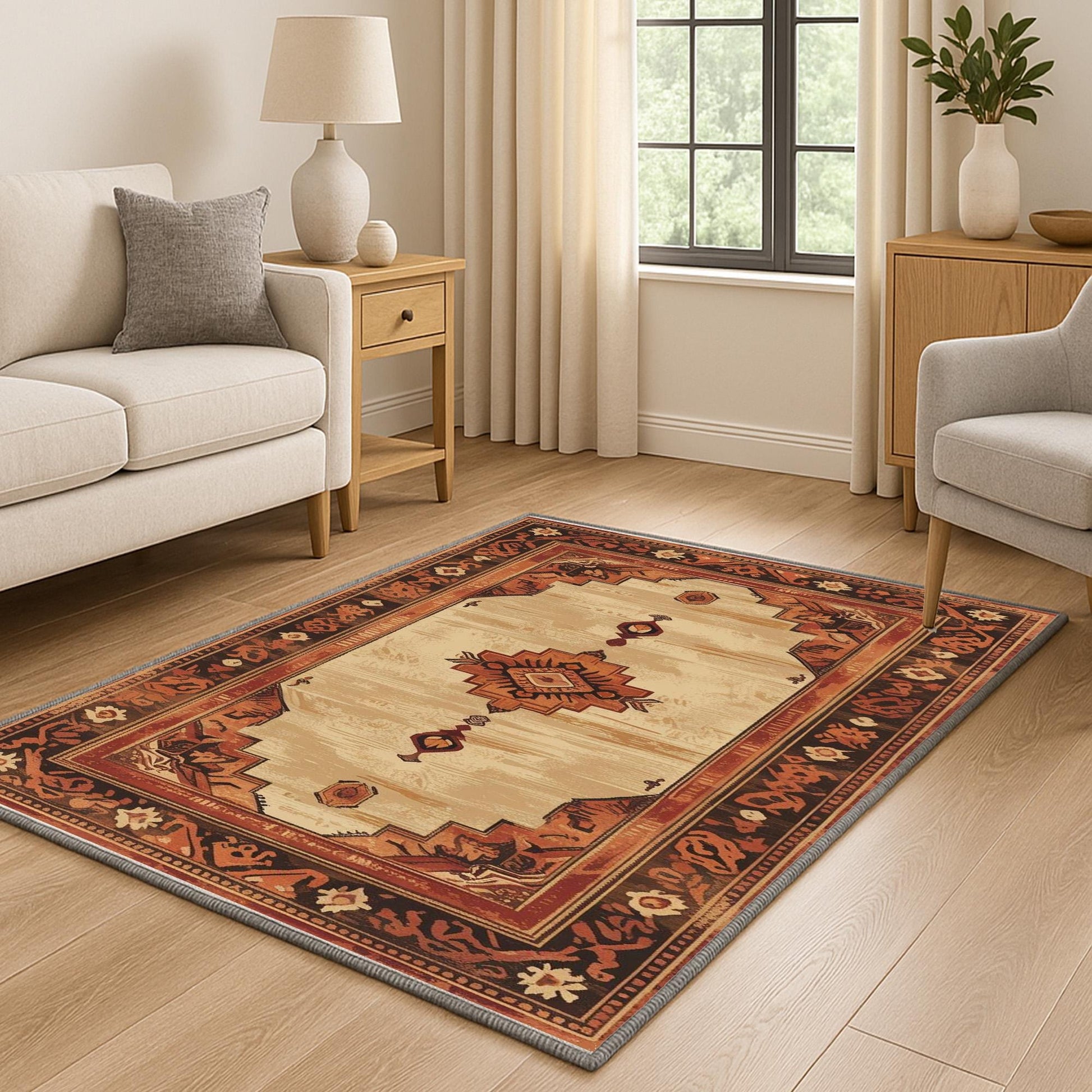 Bohemian geometric medallion rug with oriental border, warm beige and terracotta tones, washable chenille surface, non-slip backing.