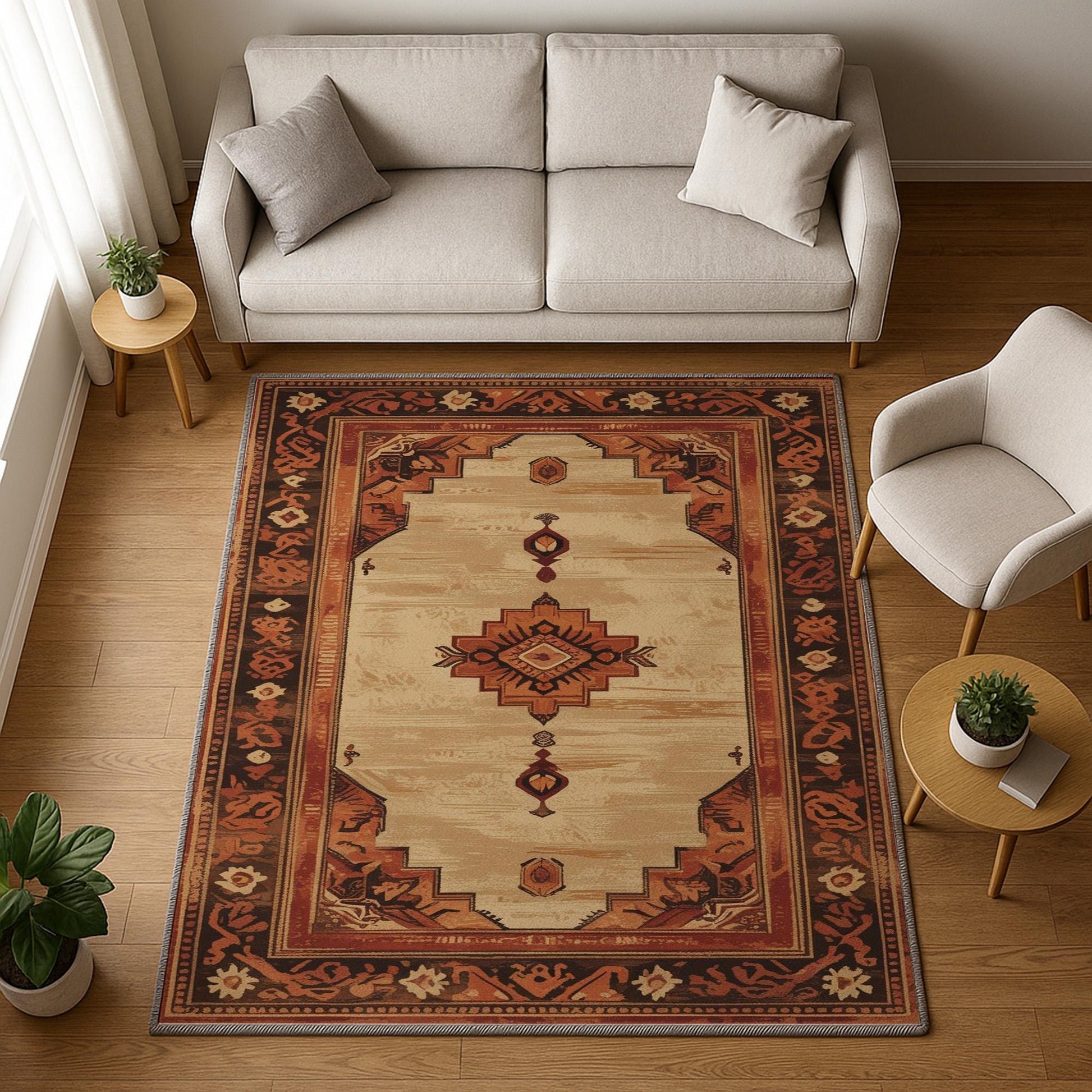 Bohemian geometric medallion rug with oriental border, warm beige and terracotta tones, washable chenille surface, non-slip backing.
