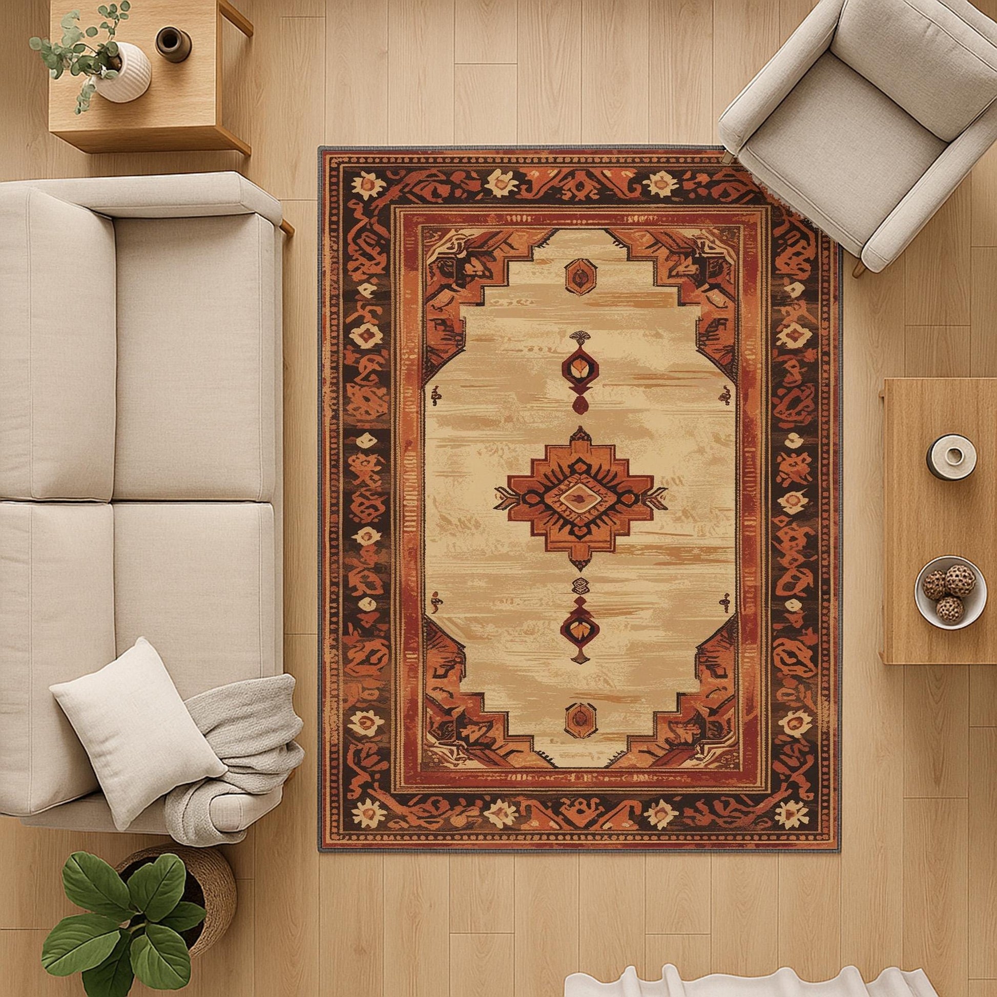 Bohemian geometric medallion rug with oriental border, warm beige and terracotta tones, washable chenille surface, non-slip backing.