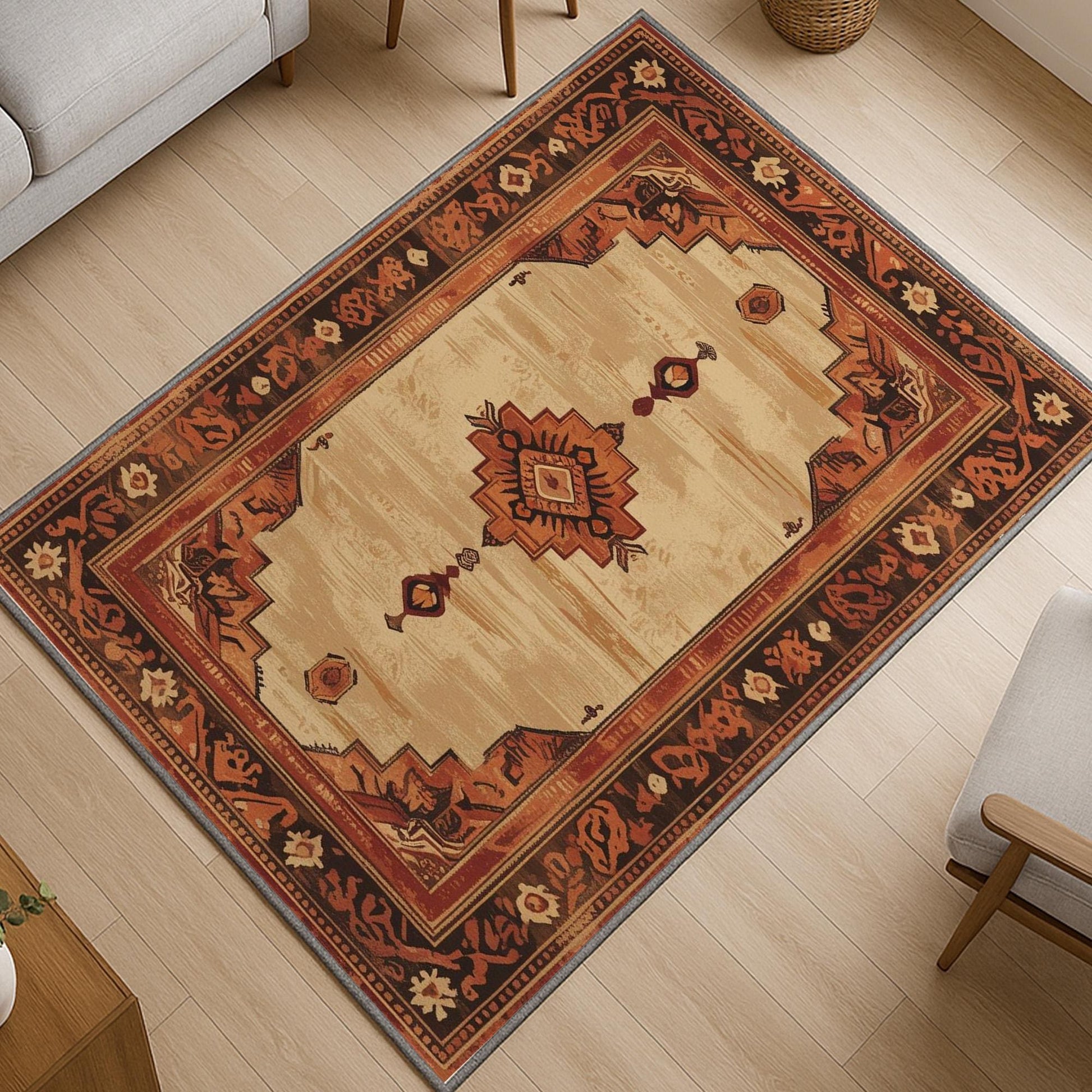 Bohemian geometric medallion rug with oriental border, warm beige and terracotta tones, washable chenille surface, non-slip backing.