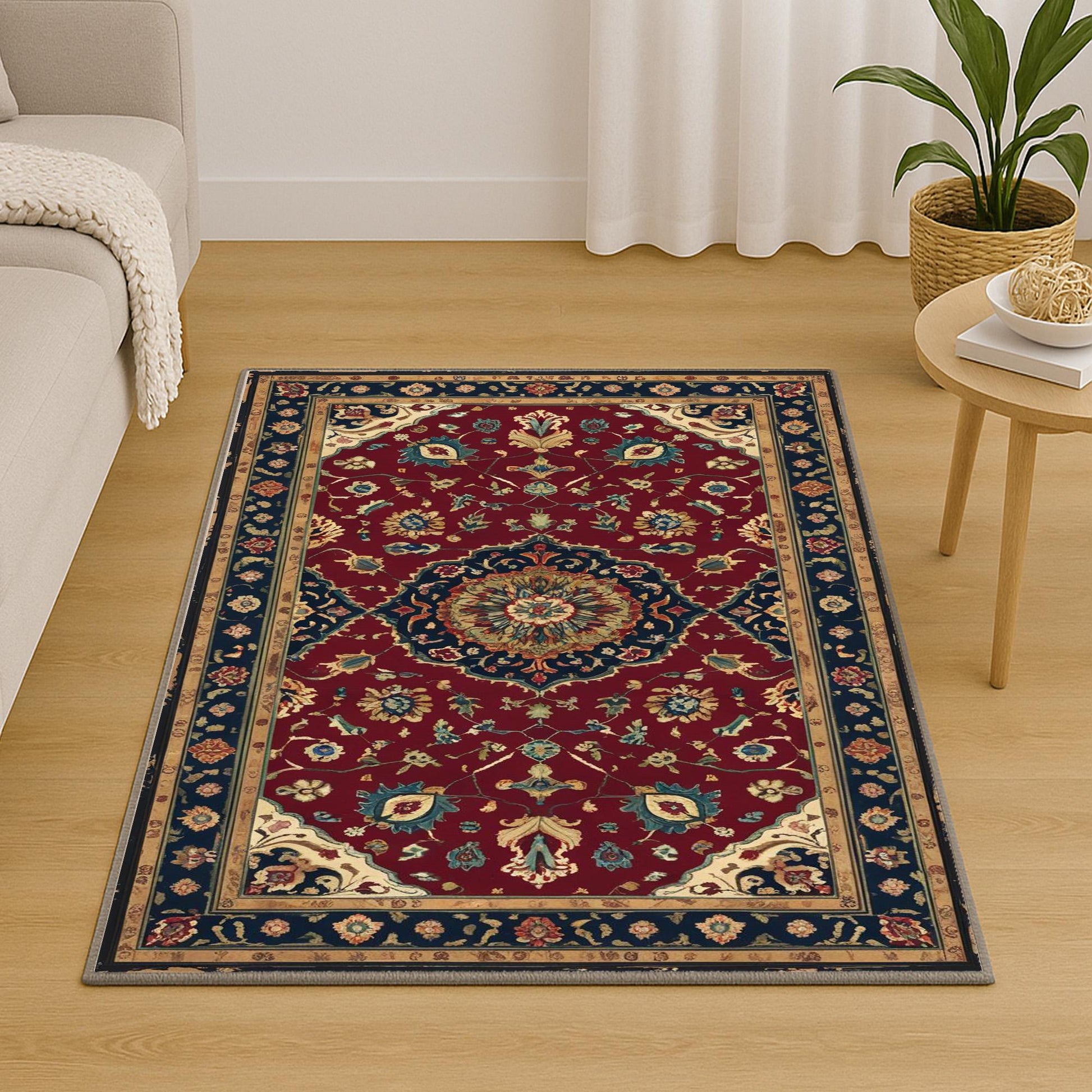 Red oriental medallion rug with floral border, deep crimson background, washable chenille surface, non-slip recycled cotton backing.
