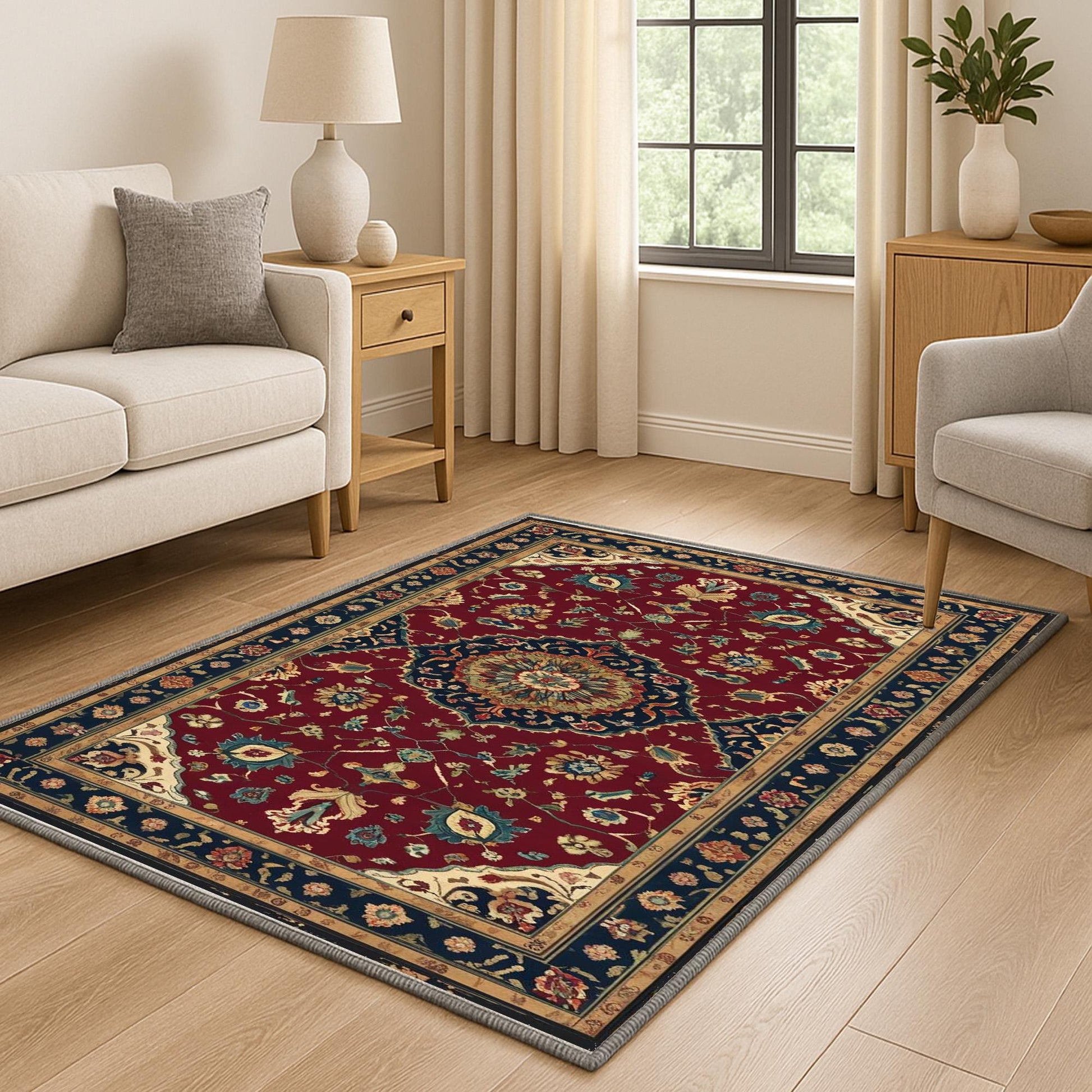 Red oriental medallion rug with floral border, deep crimson background, washable chenille surface, non-slip recycled cotton backing.
