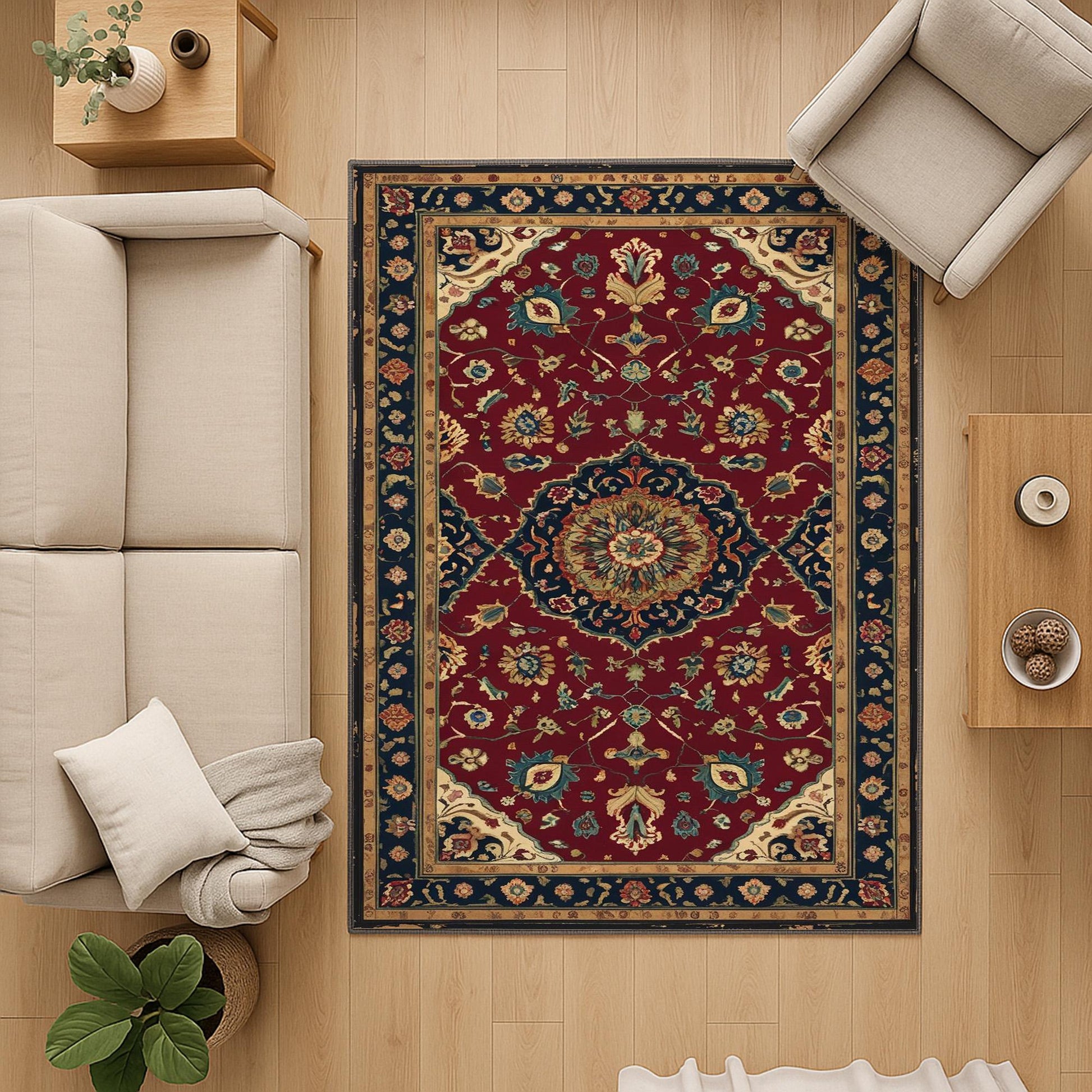 Red oriental medallion rug with floral border, deep crimson background, washable chenille surface, non-slip recycled cotton backing.