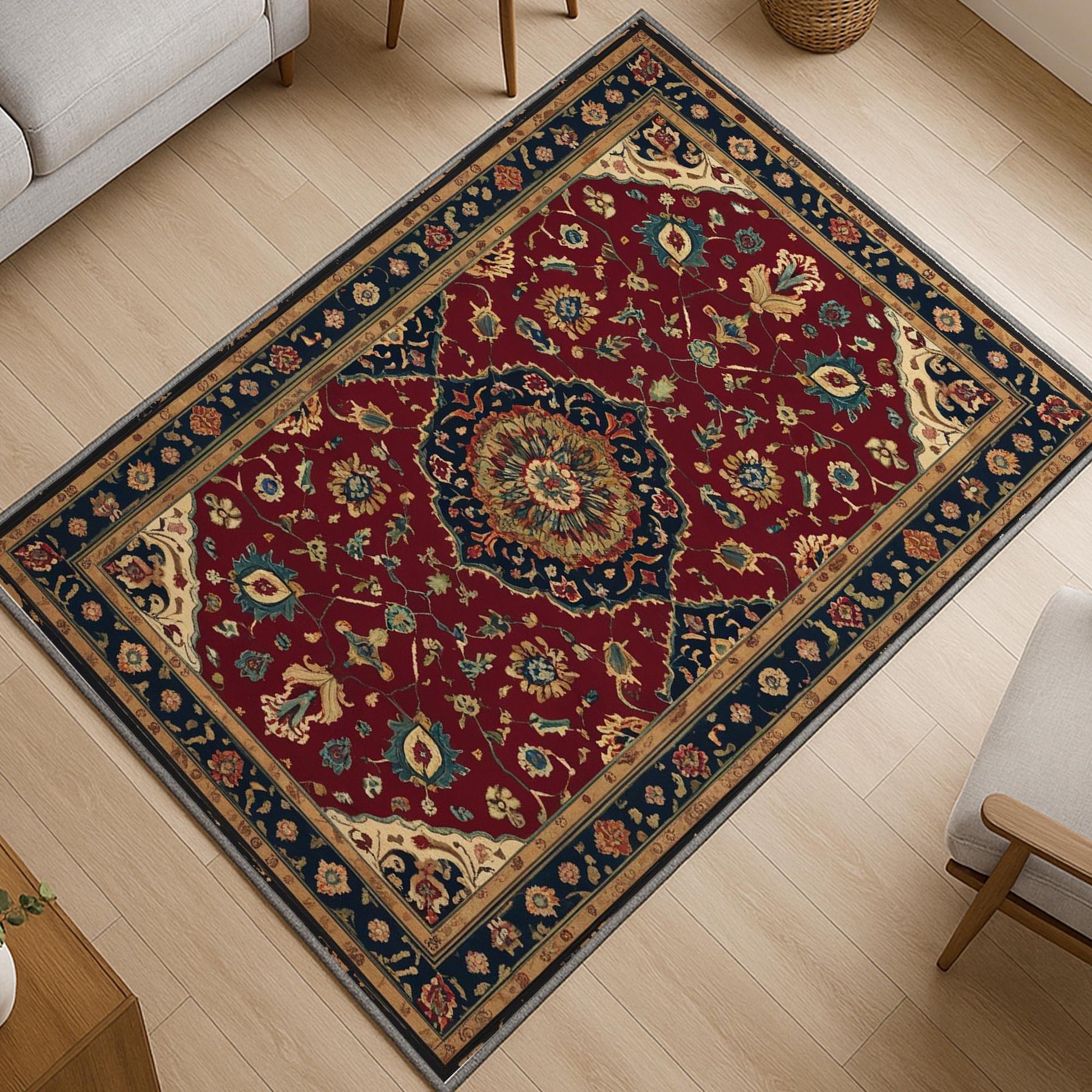 Red oriental medallion rug with floral border, deep crimson background, washable chenille surface, non-slip recycled cotton backing.